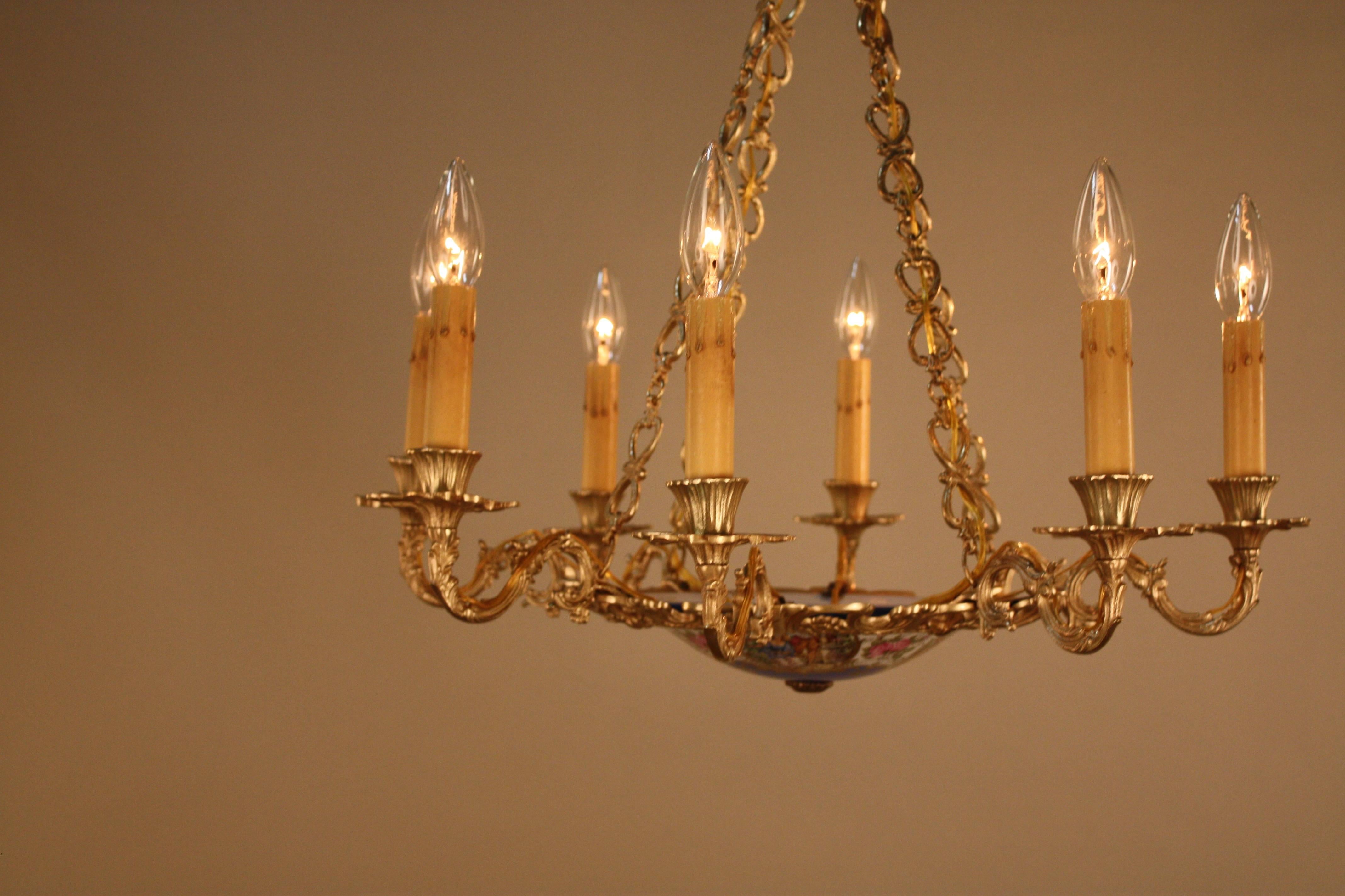 French Bronze and Porcelain Chandelier 4