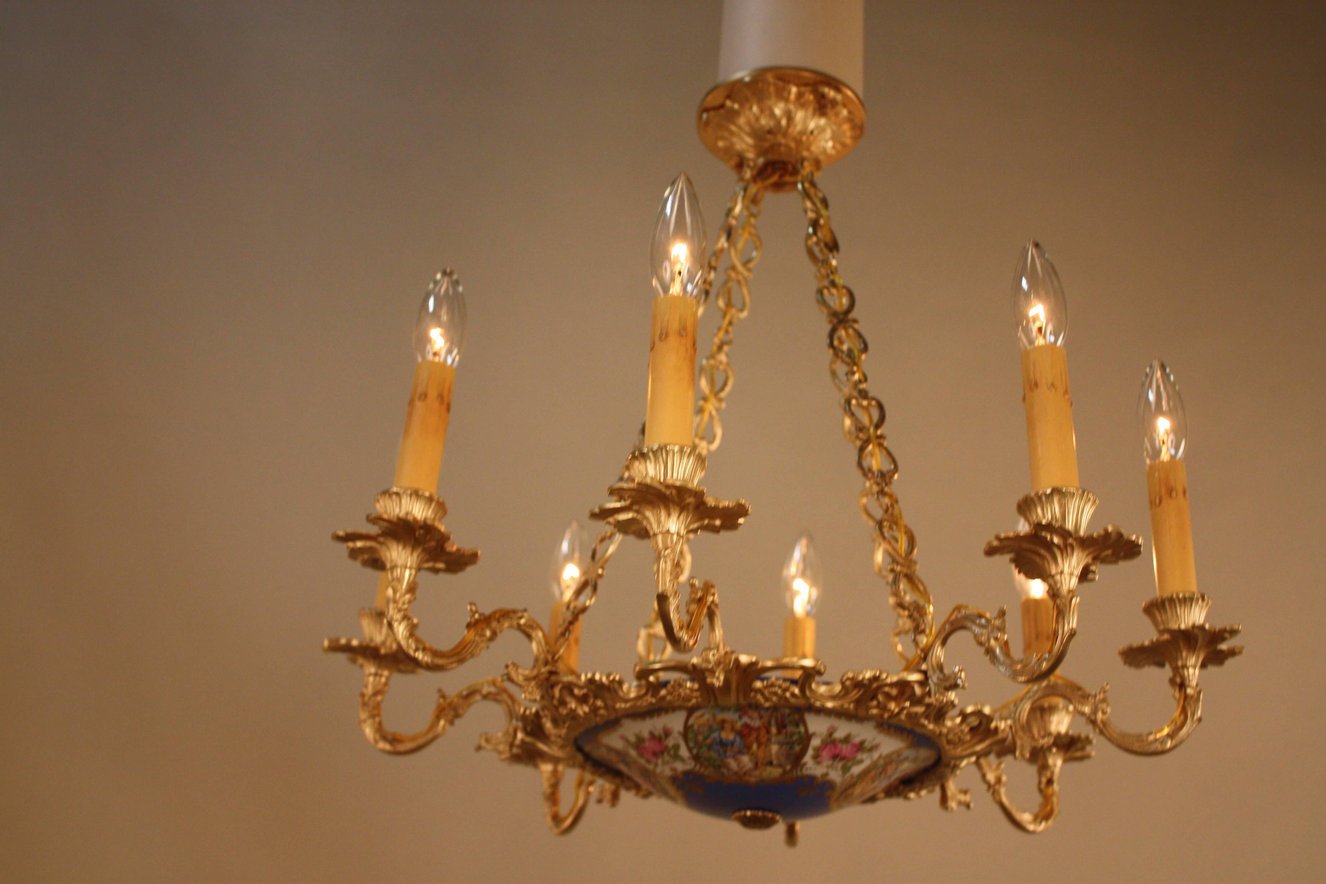 French Bronze and Porcelain Chandelier 5