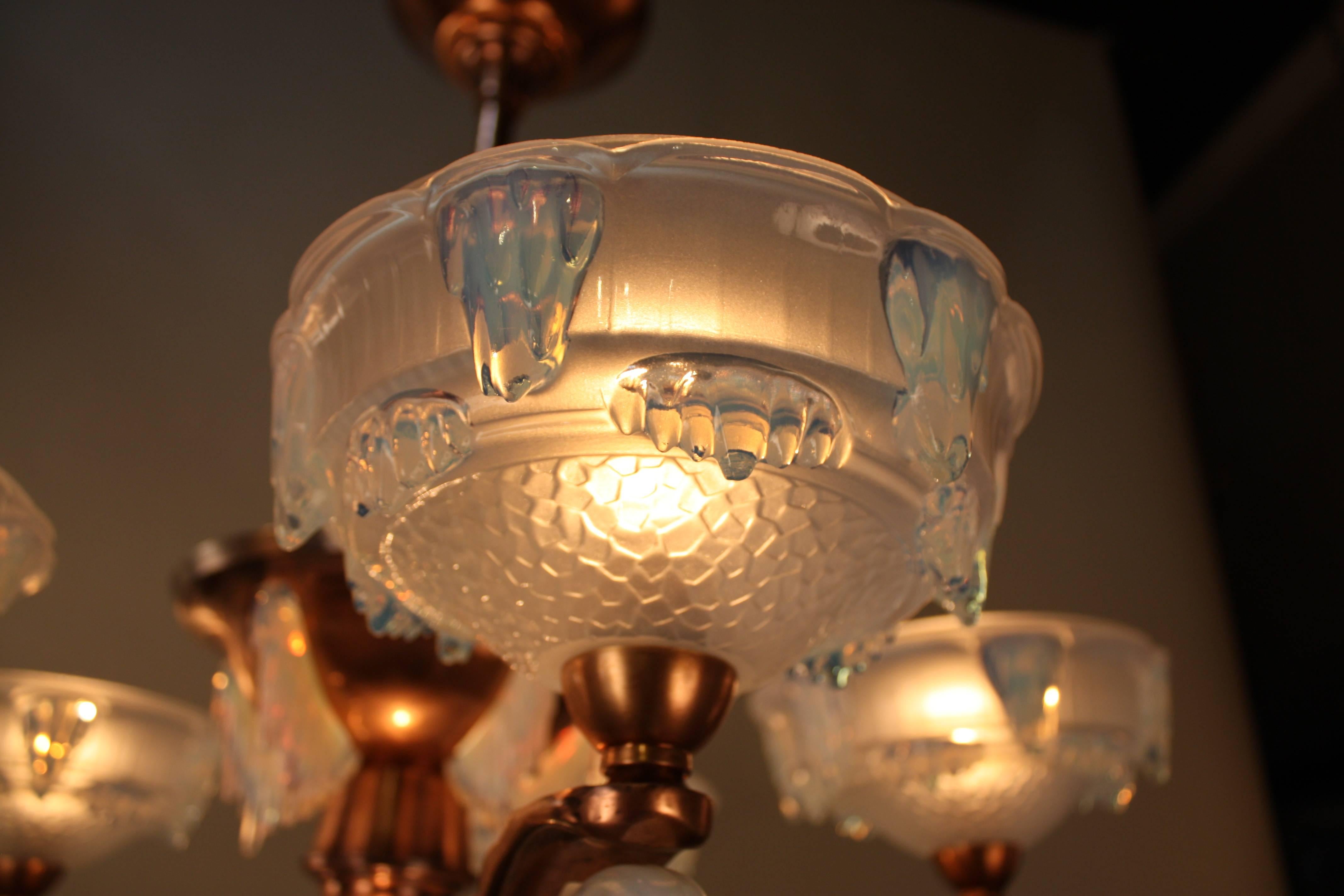 Frech Opalescent Glass Art Deco Chandelier by Ezan 3