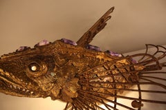 Paul Moerenhout Bronze Sculpture Wall Table Lamp with Amethyst Rocks