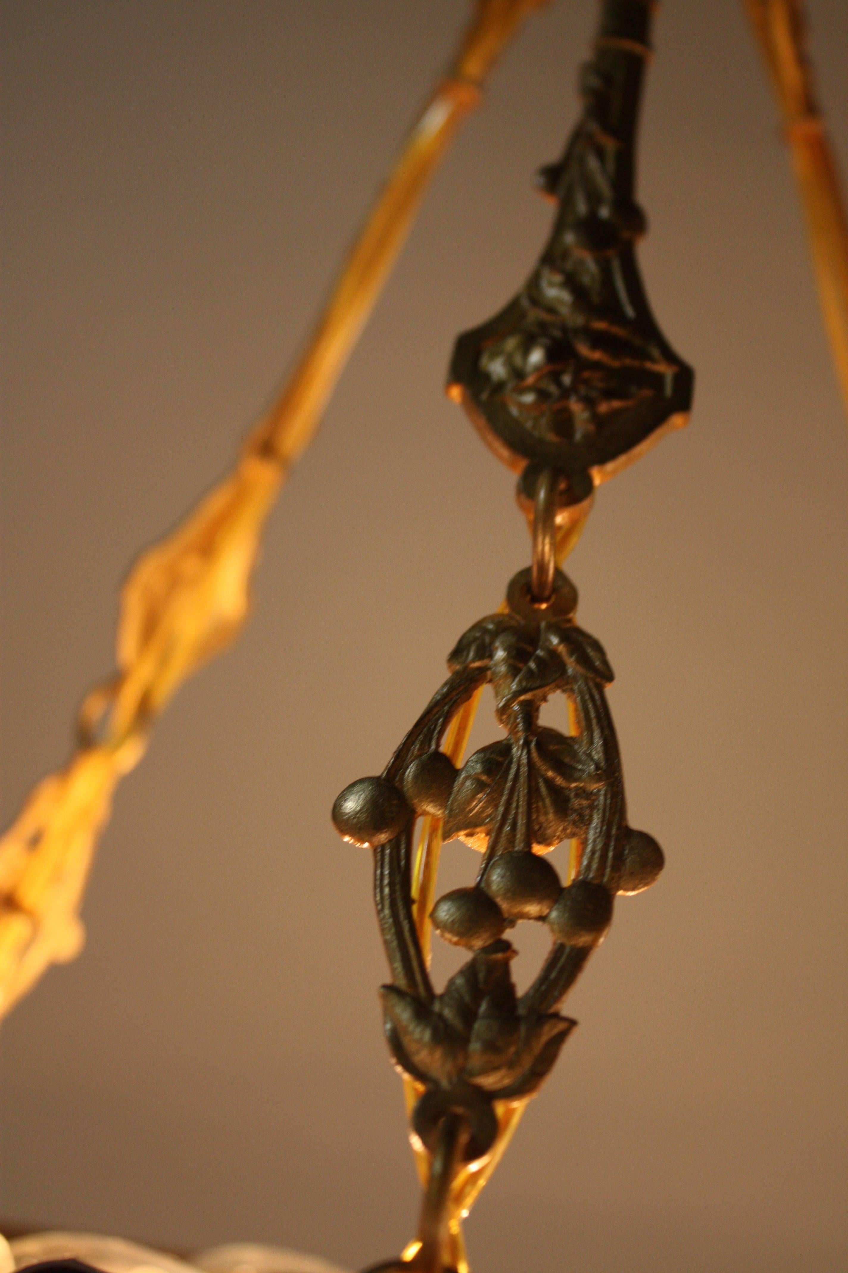 Bronze Muller Frères blown Glass Pendant Chandelier