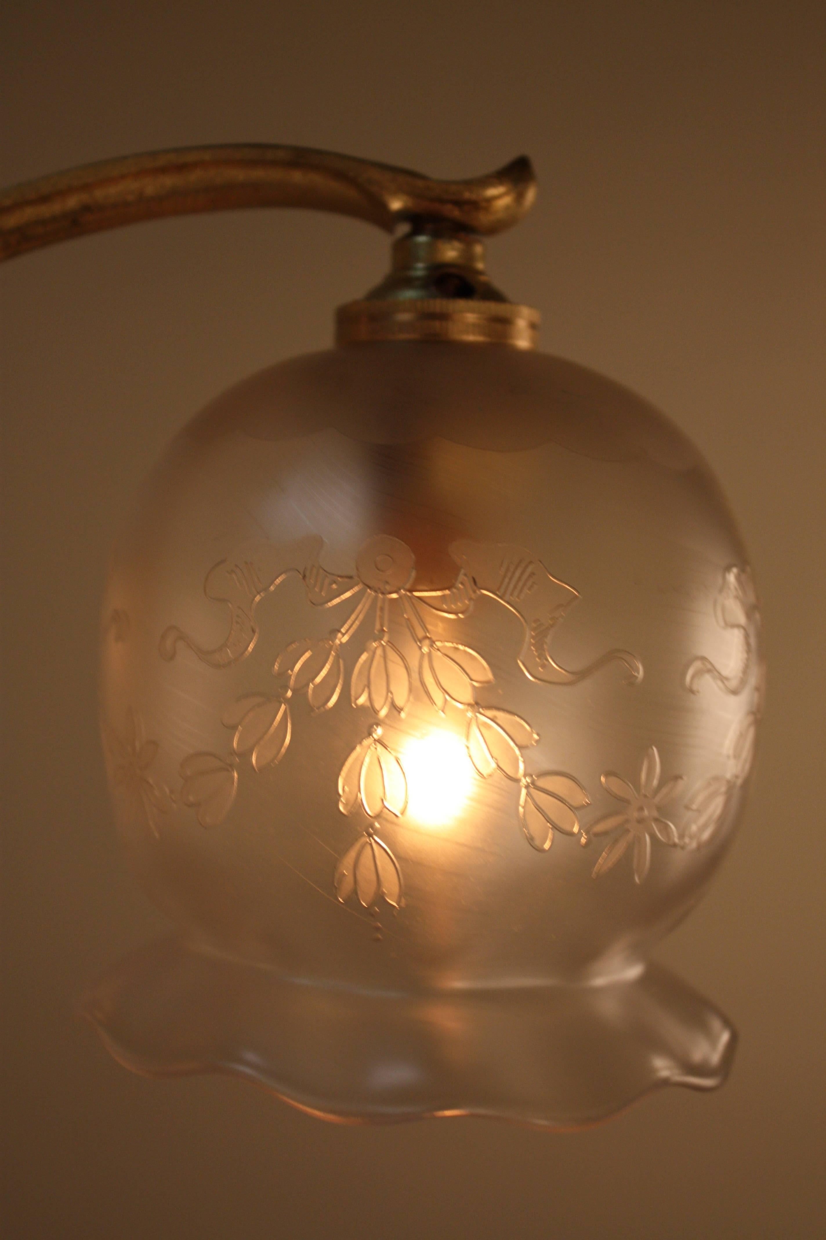 French, 1920s Bronze and Etched Glass Chandelier 2