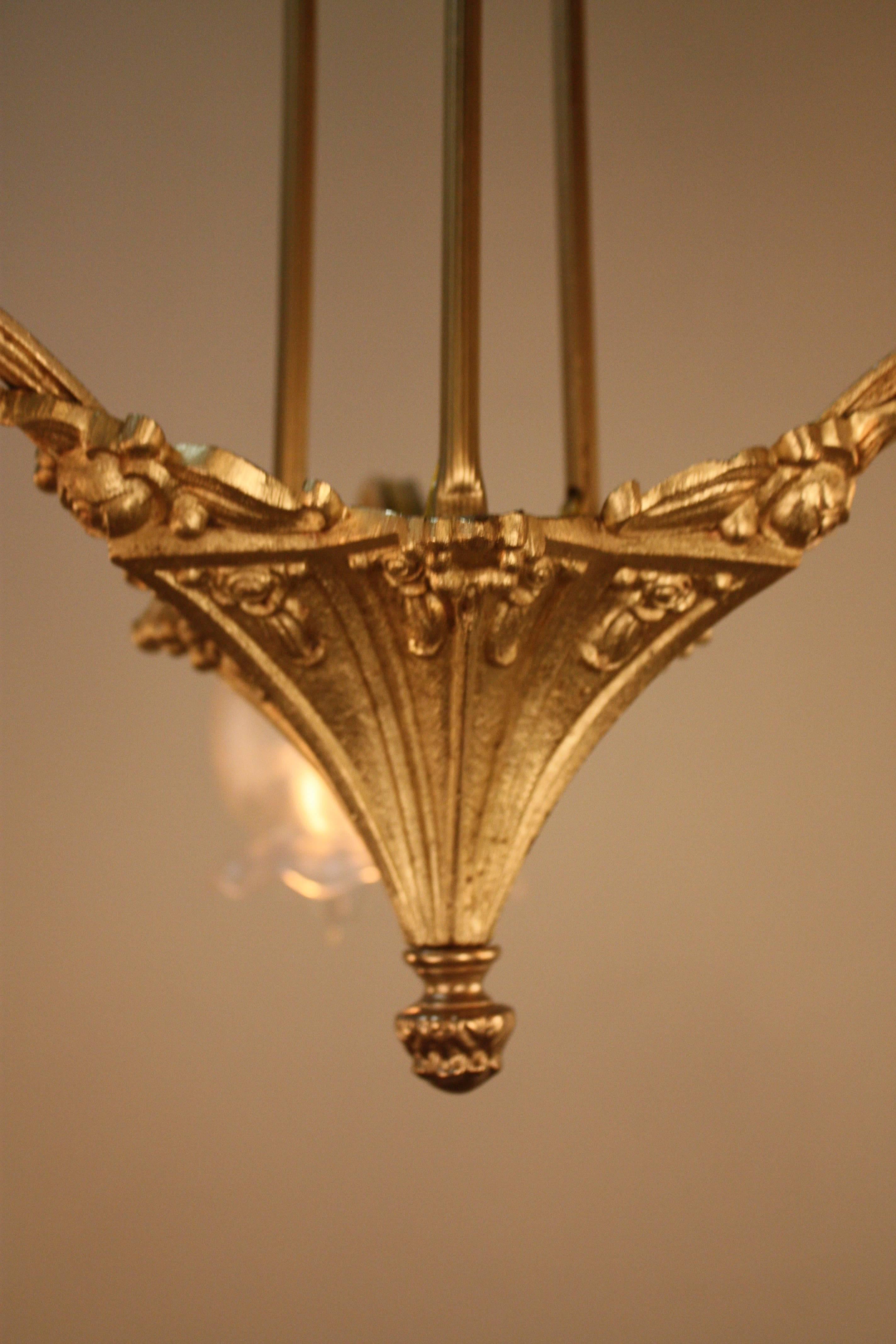 French, 1920s Bronze and Etched Glass Chandelier 3
