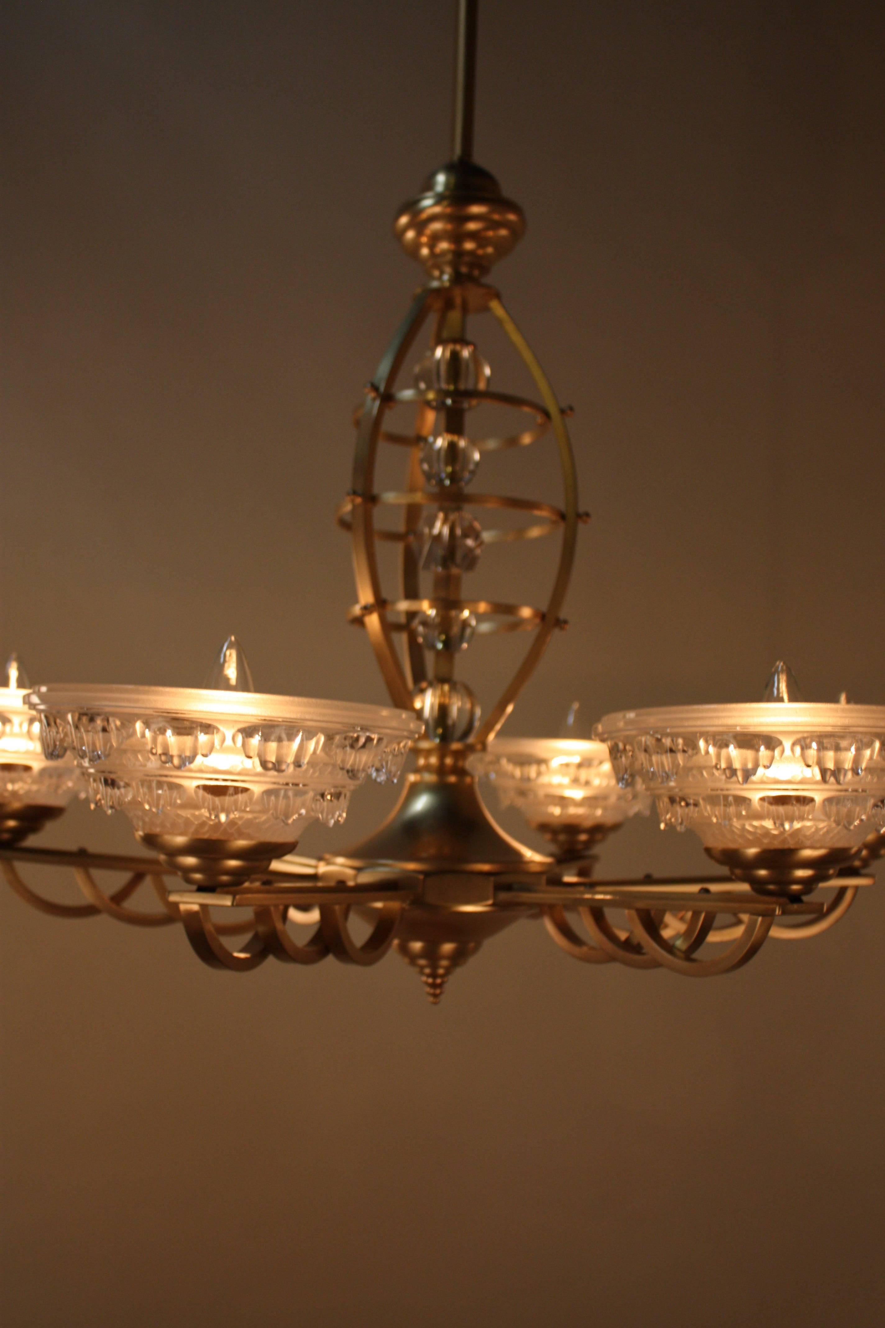 French Art Deco Bronze and Glass Chandelier In Good Condition In Fairfax, VA