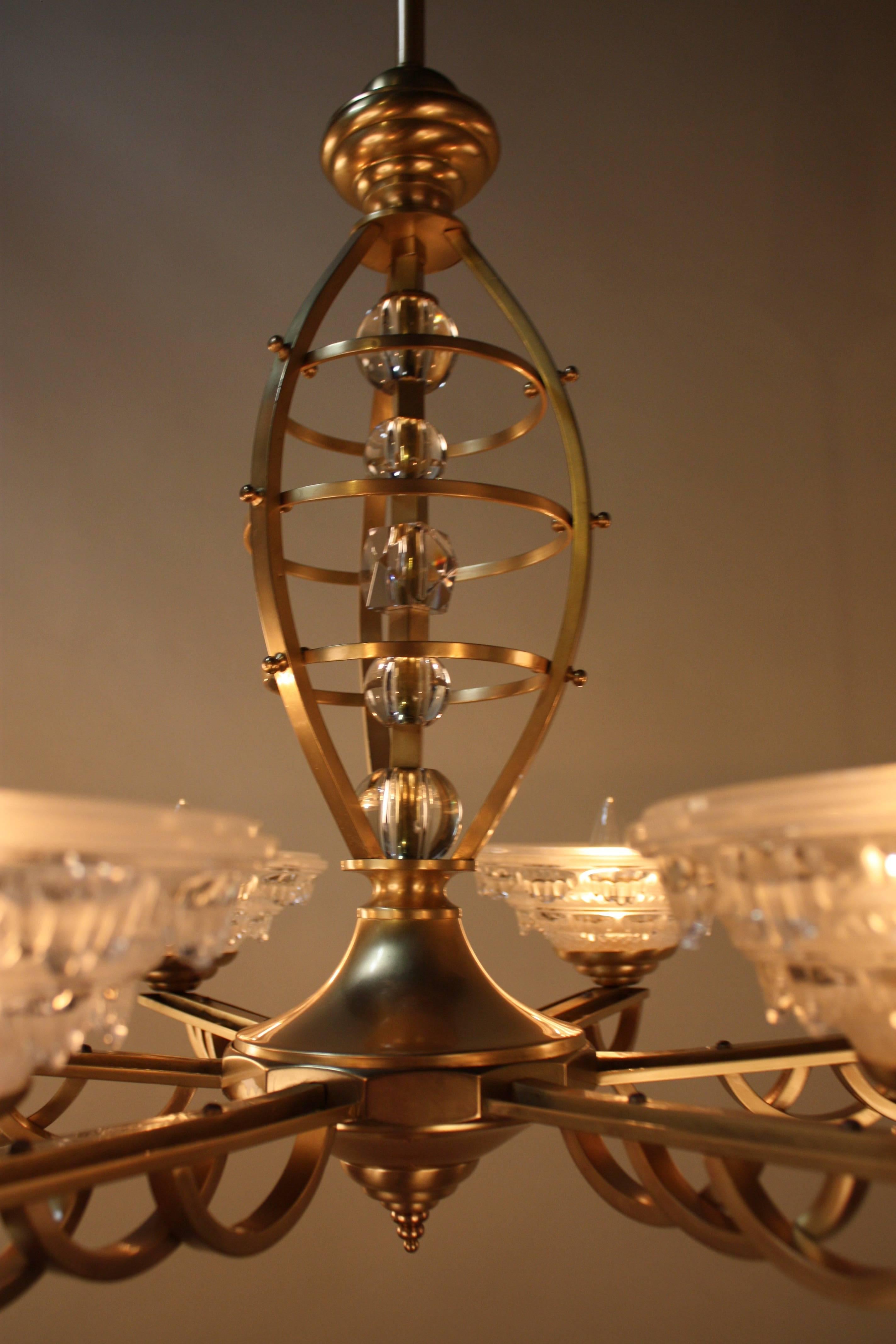 French Art Deco Bronze and Glass Chandelier 2