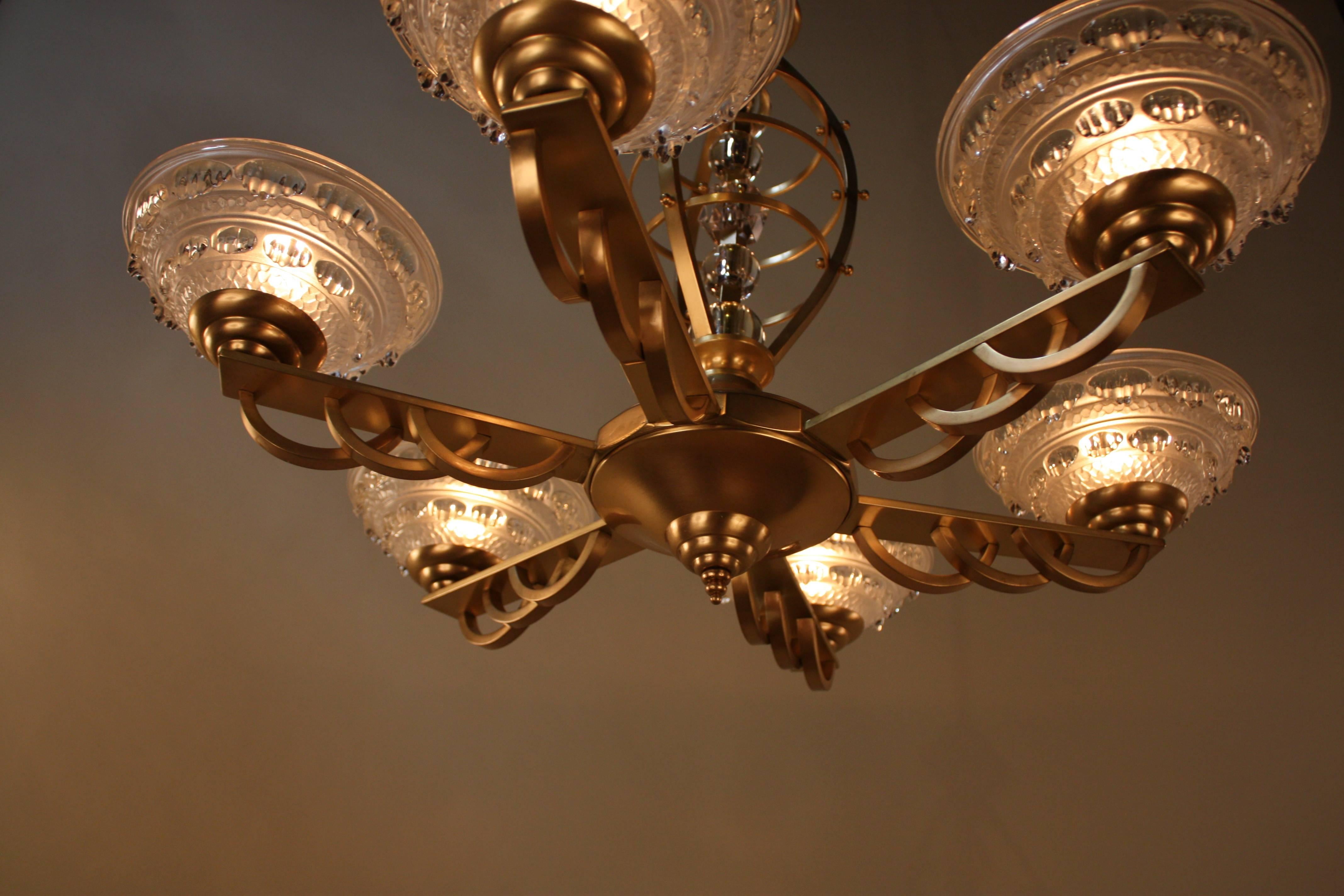 Mid-20th Century French Art Deco Bronze and Glass Chandelier