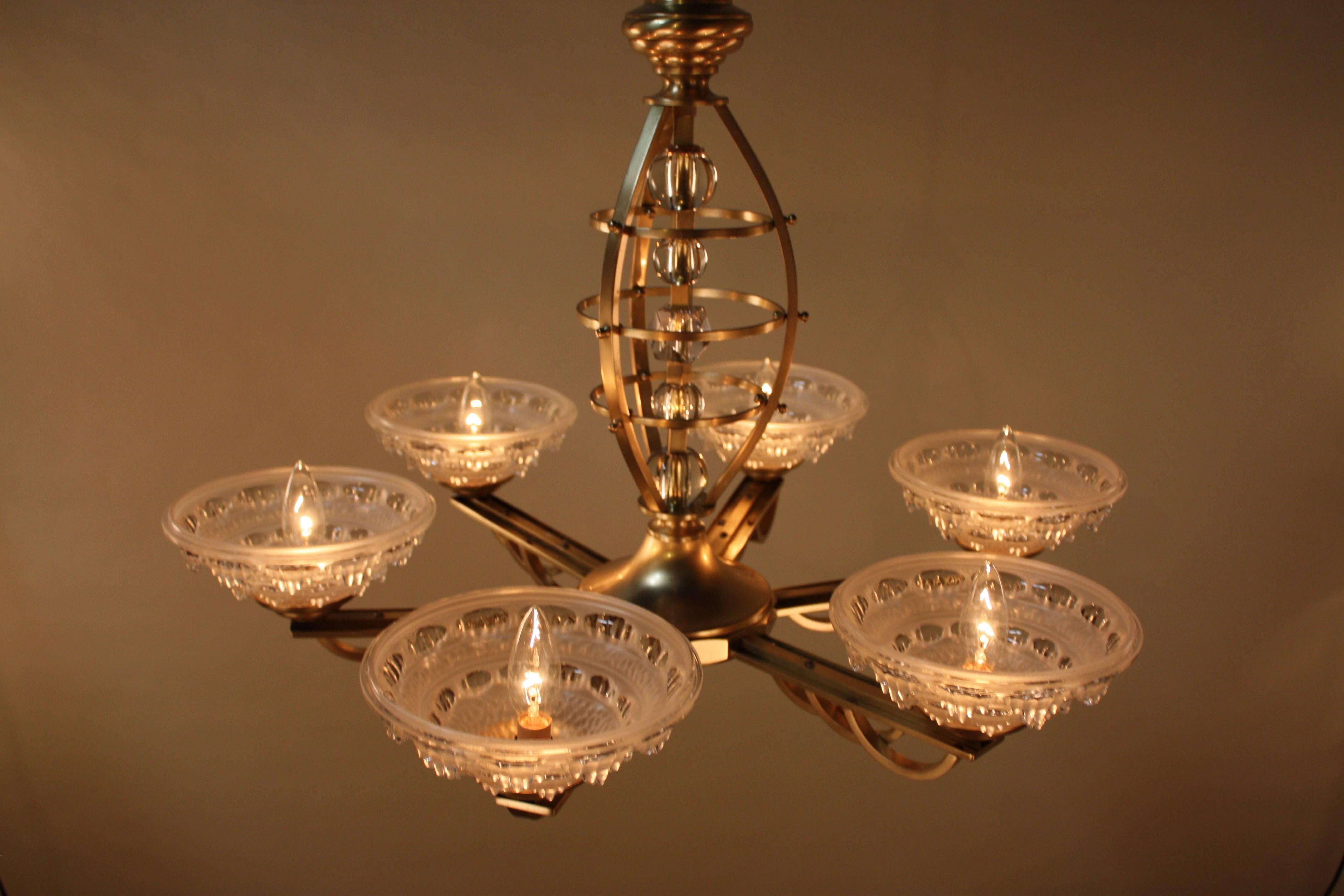 French Art Deco Bronze and Glass Chandelier 5