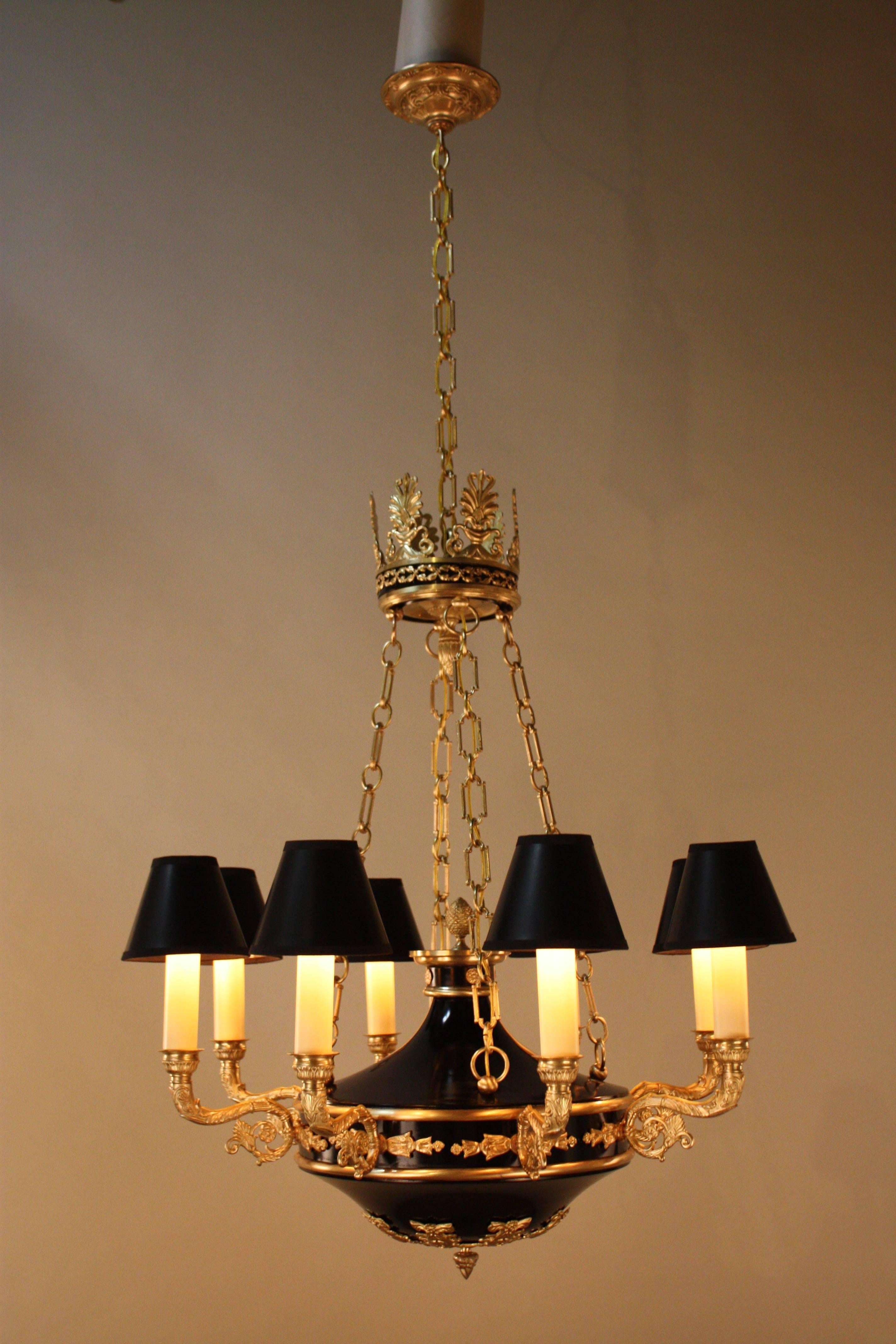 Lacquered French Eight-Arm Empire Style Bronze Chandelier