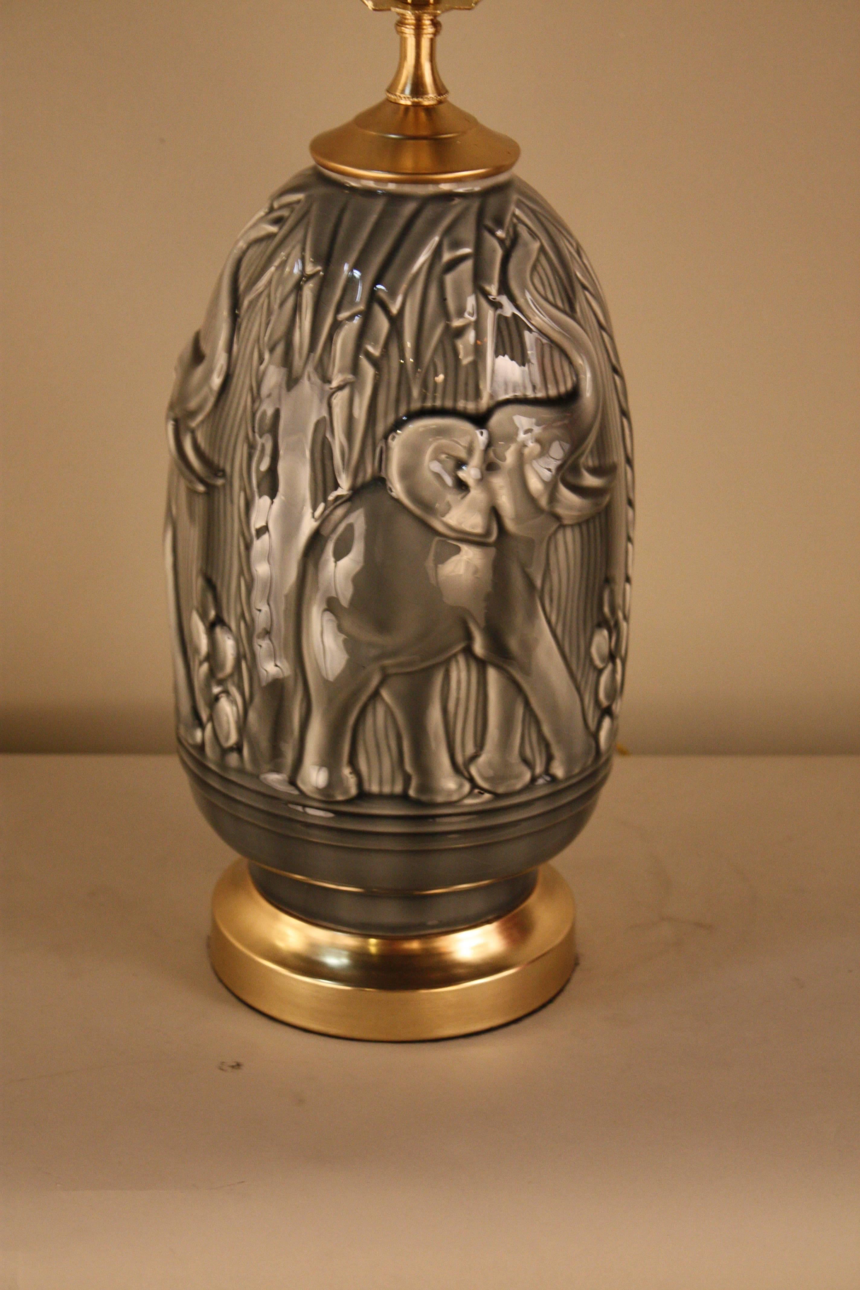 French Elegant Pottery Table Lamp with Elephant Motif