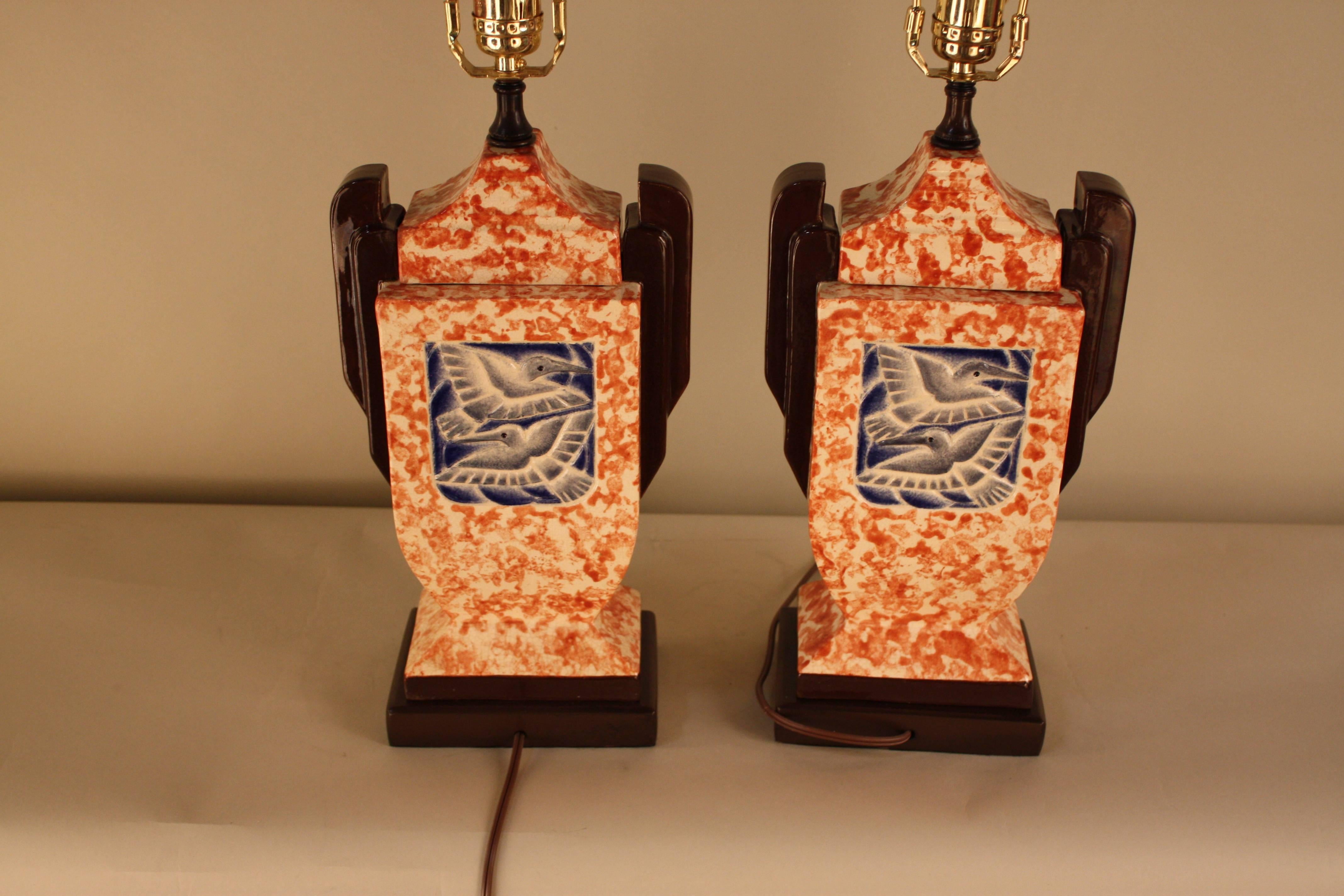 Pair of English Art Deco Pottery Lamps 1