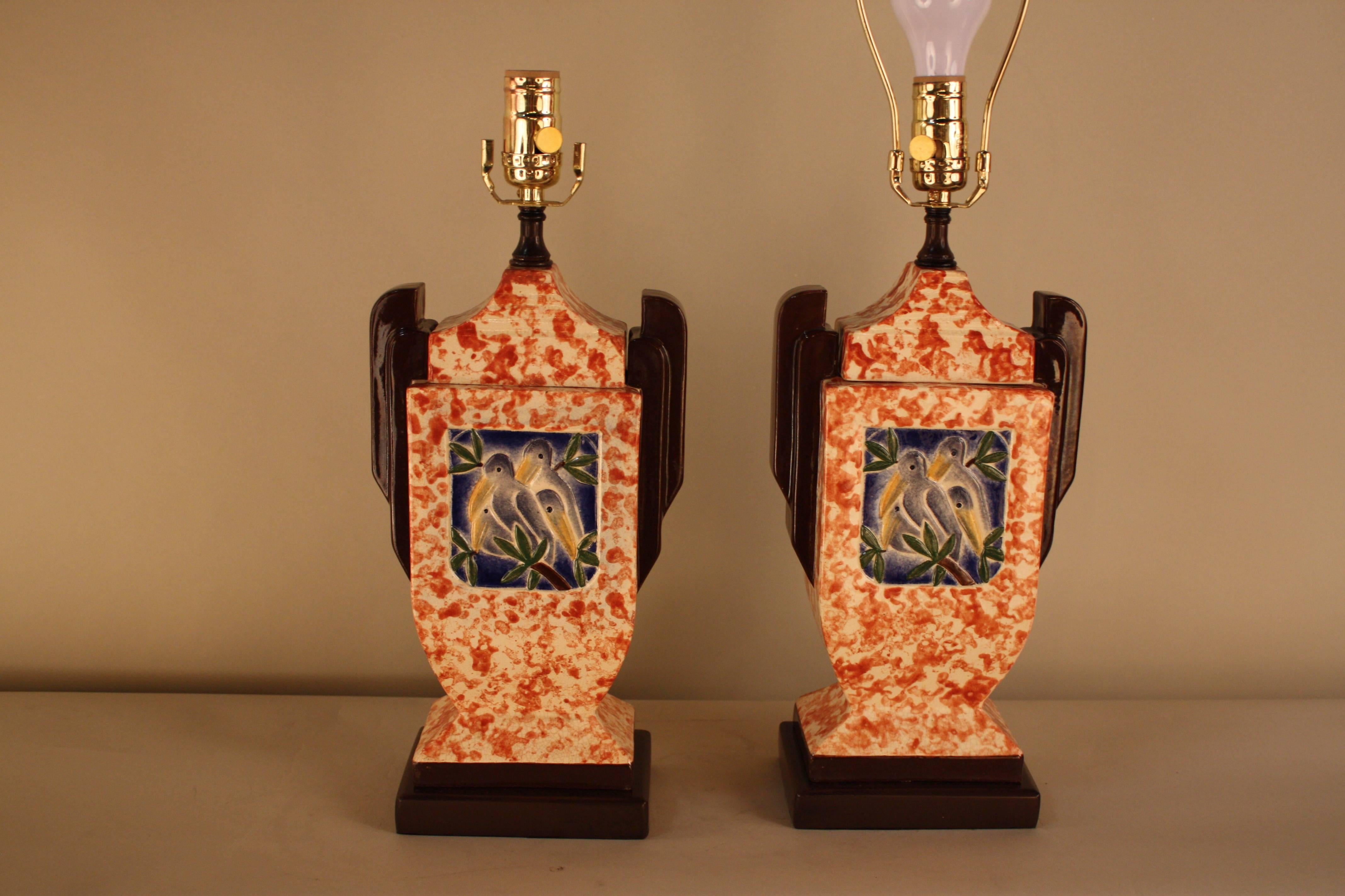 Mid-20th Century Pair of English Art Deco Pottery Lamps