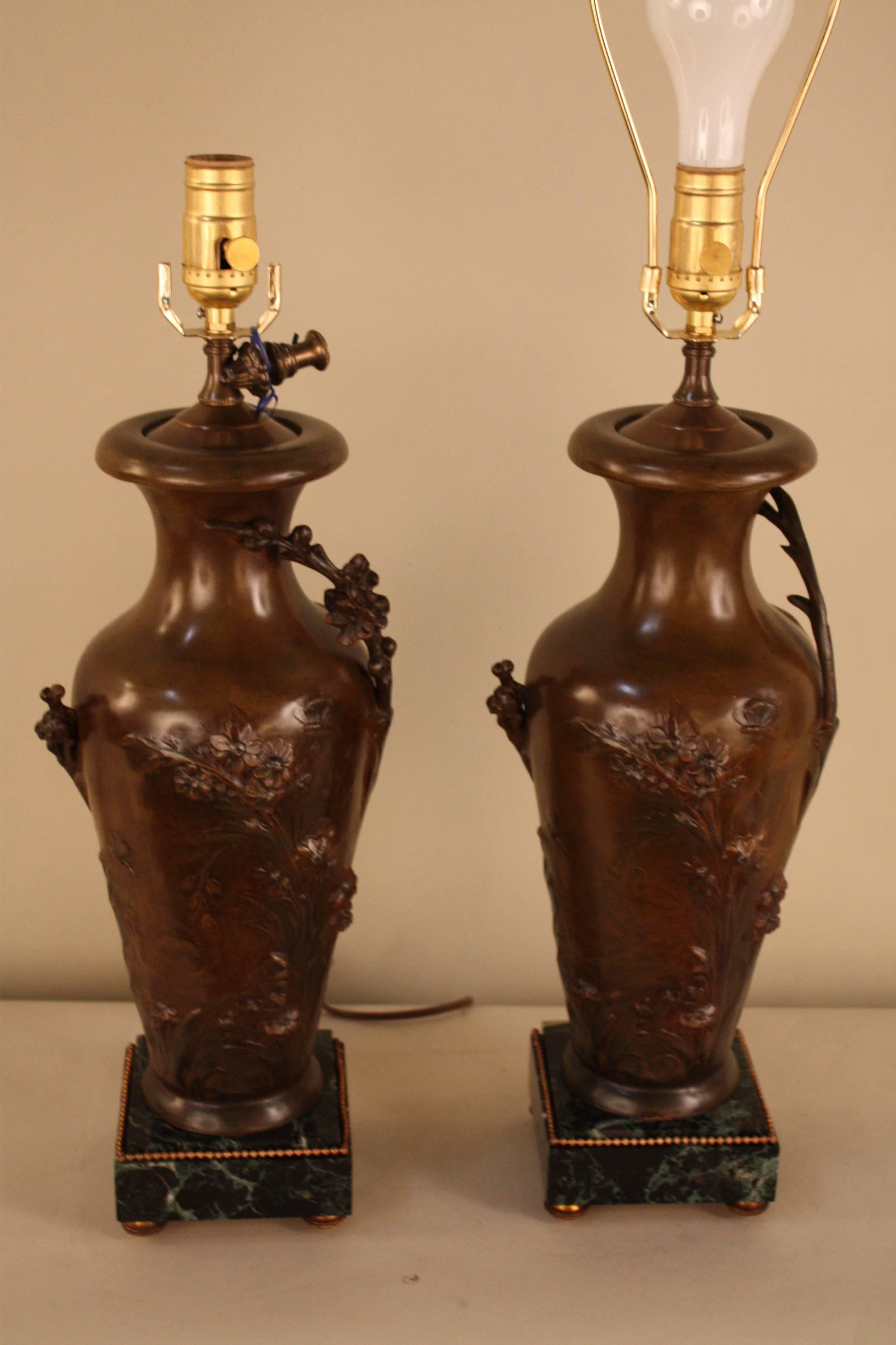 Silk Pair of Art Nouveau Urn Table Lamps by Auguste Moreau
