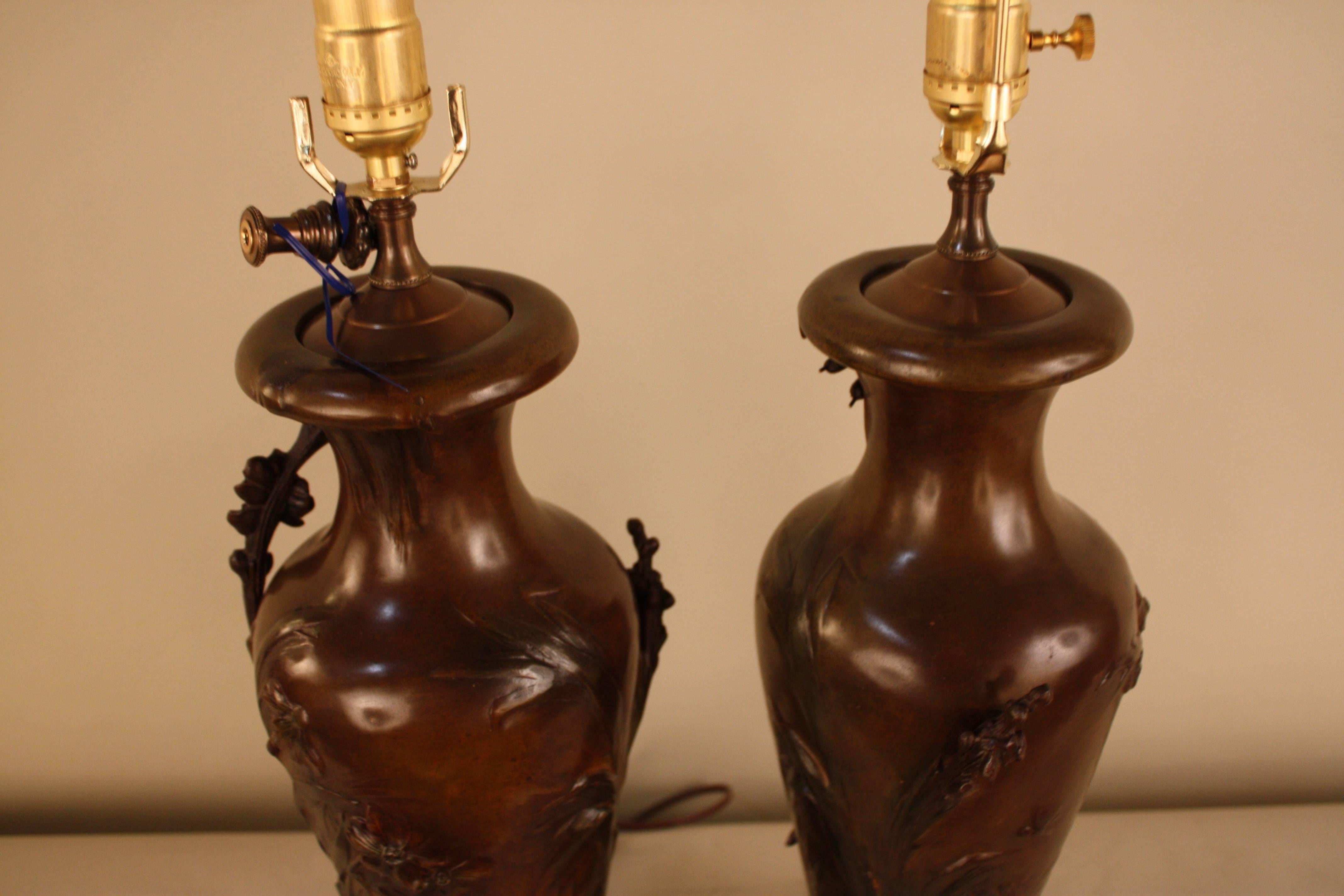 French Pair of Art Nouveau Urn Table Lamps by Auguste Moreau