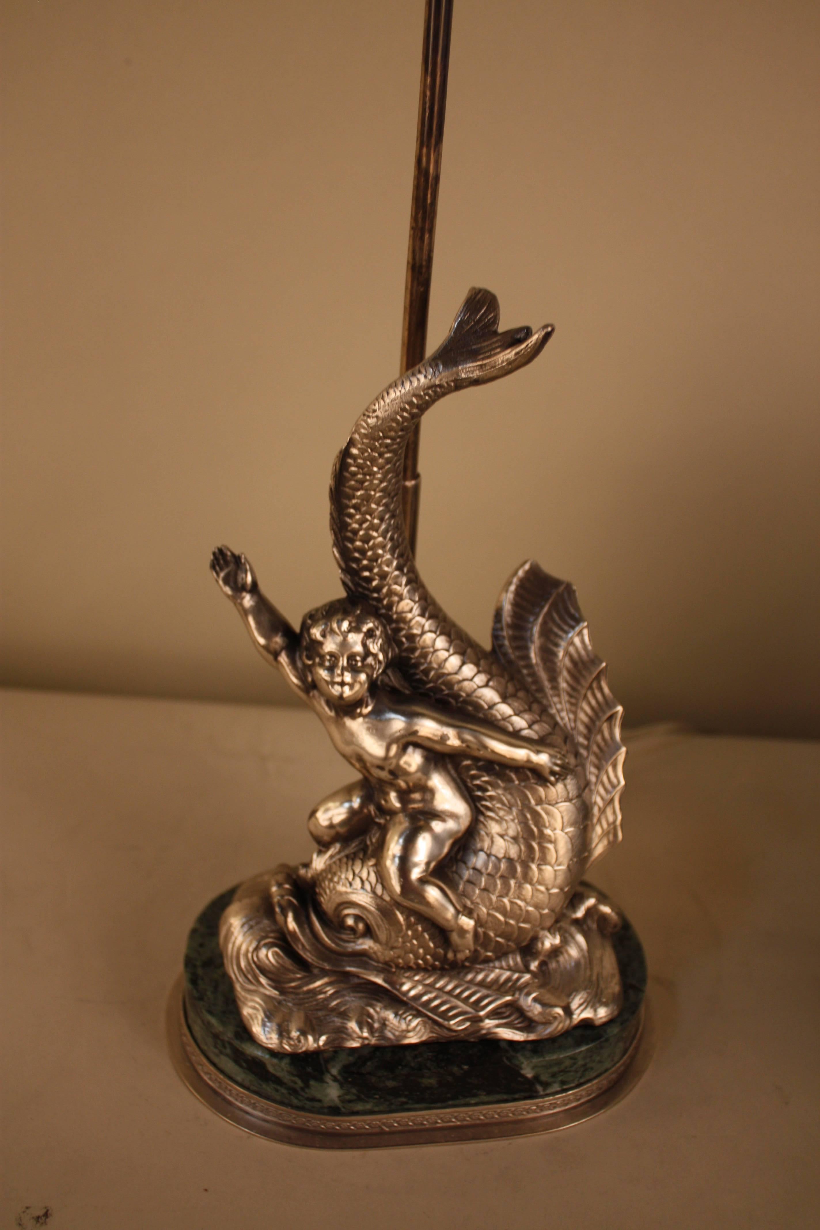 Silver Statue Table Lamp, Boy on a Swimming Dolphin In Good Condition In Fairfax, VA