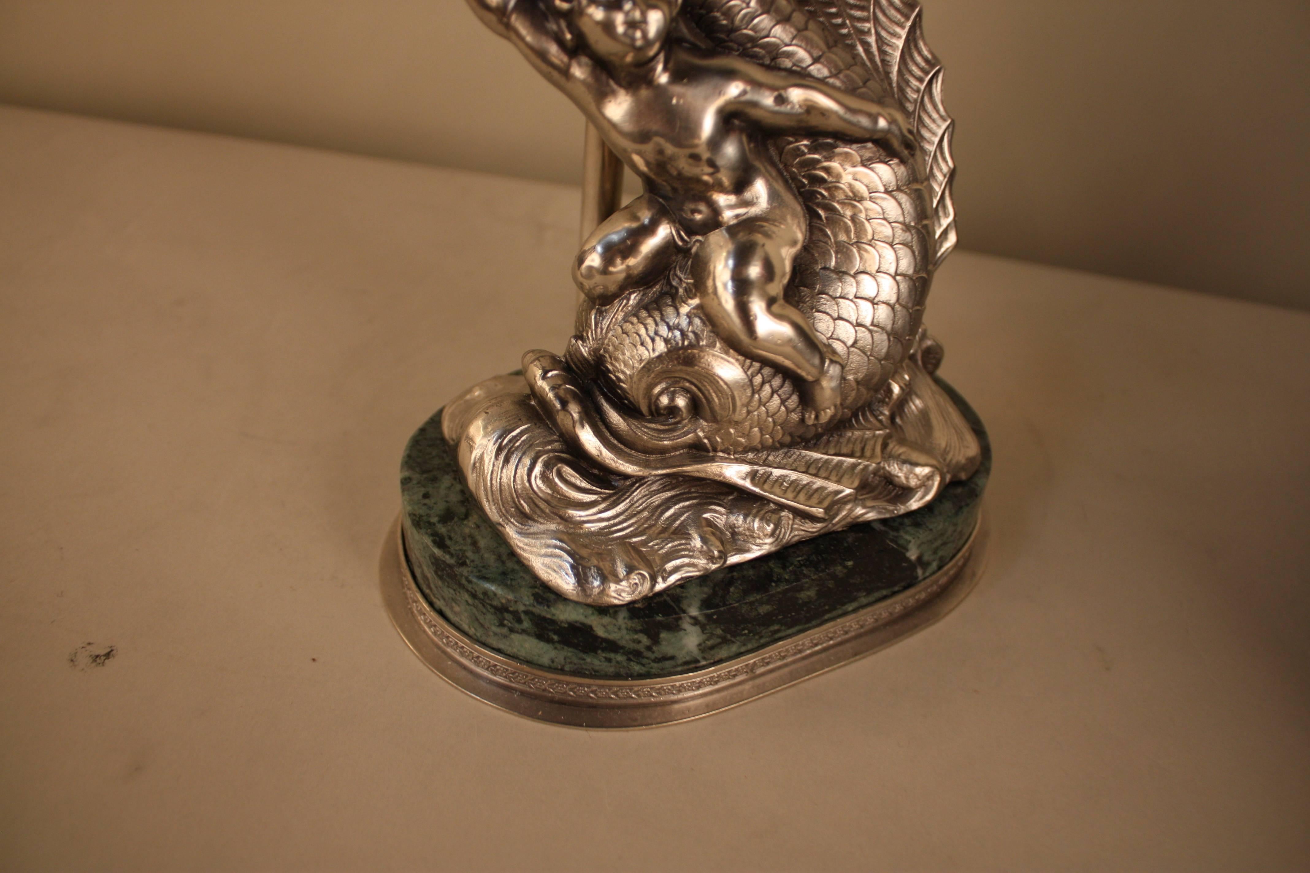 French Silver Statue Table Lamp, Boy on a Swimming Dolphin