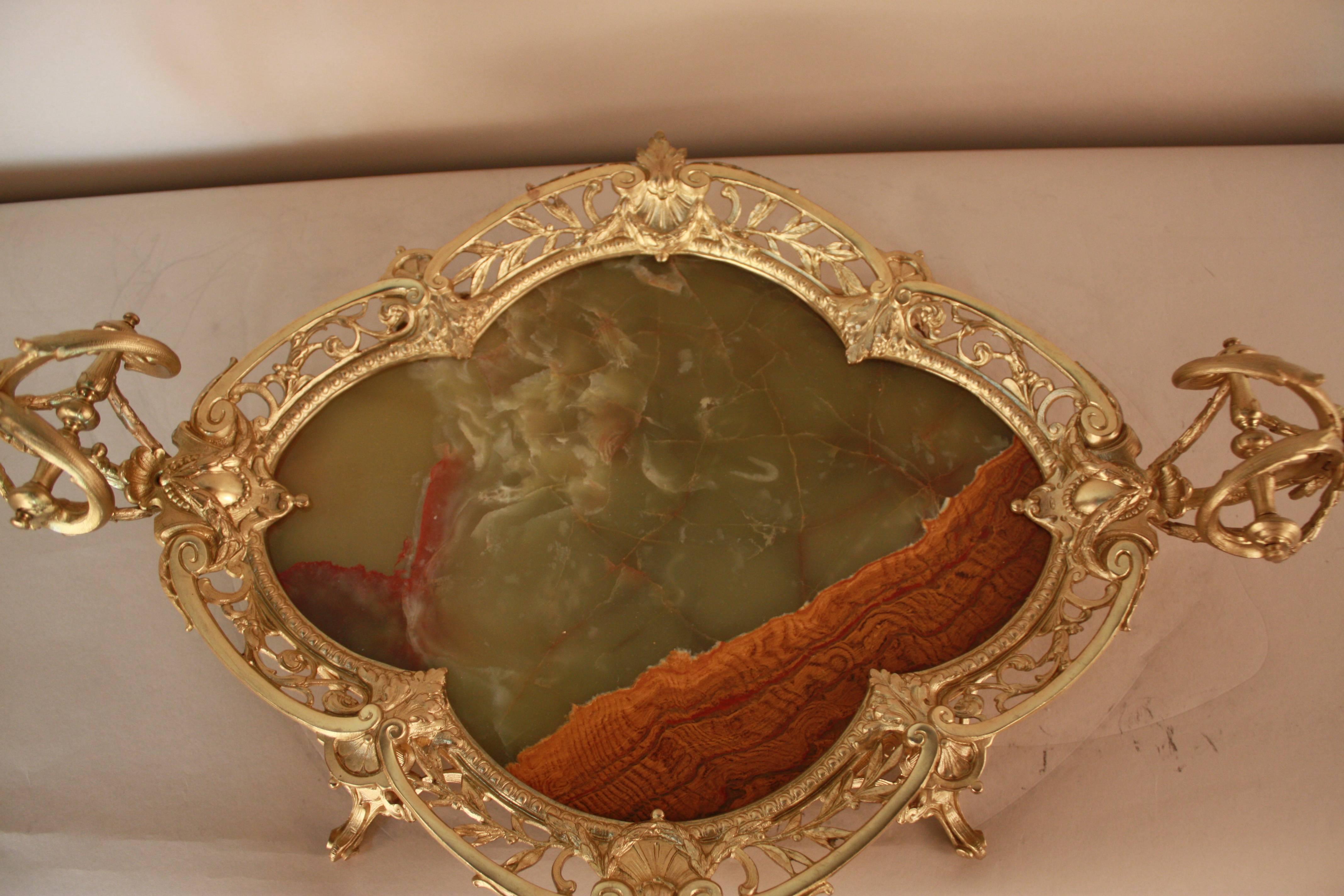 Antique French bronze with green and brown onyx tray centerpiece.
