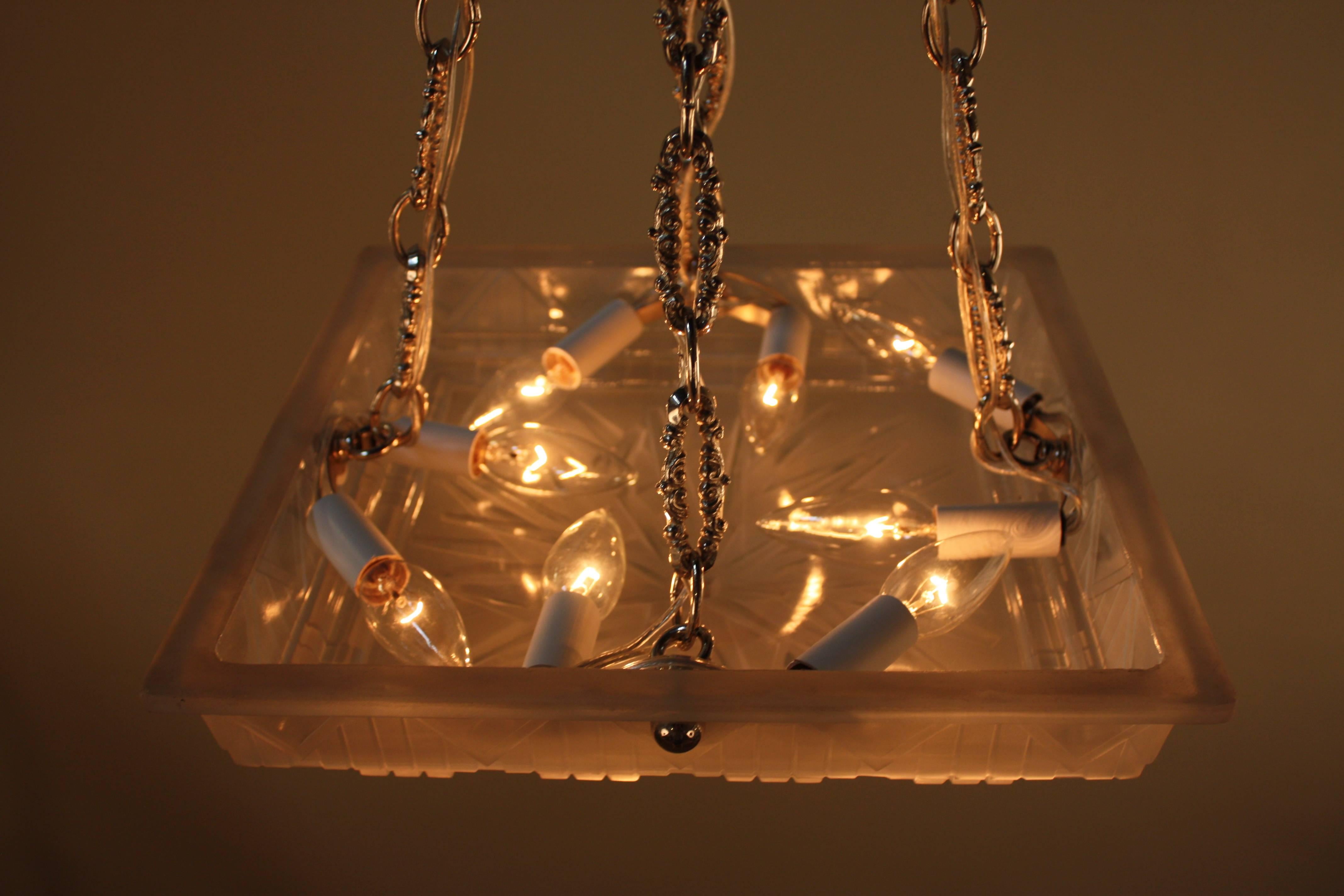 Glass French Square Art Deco Chandelier by Muller Freres