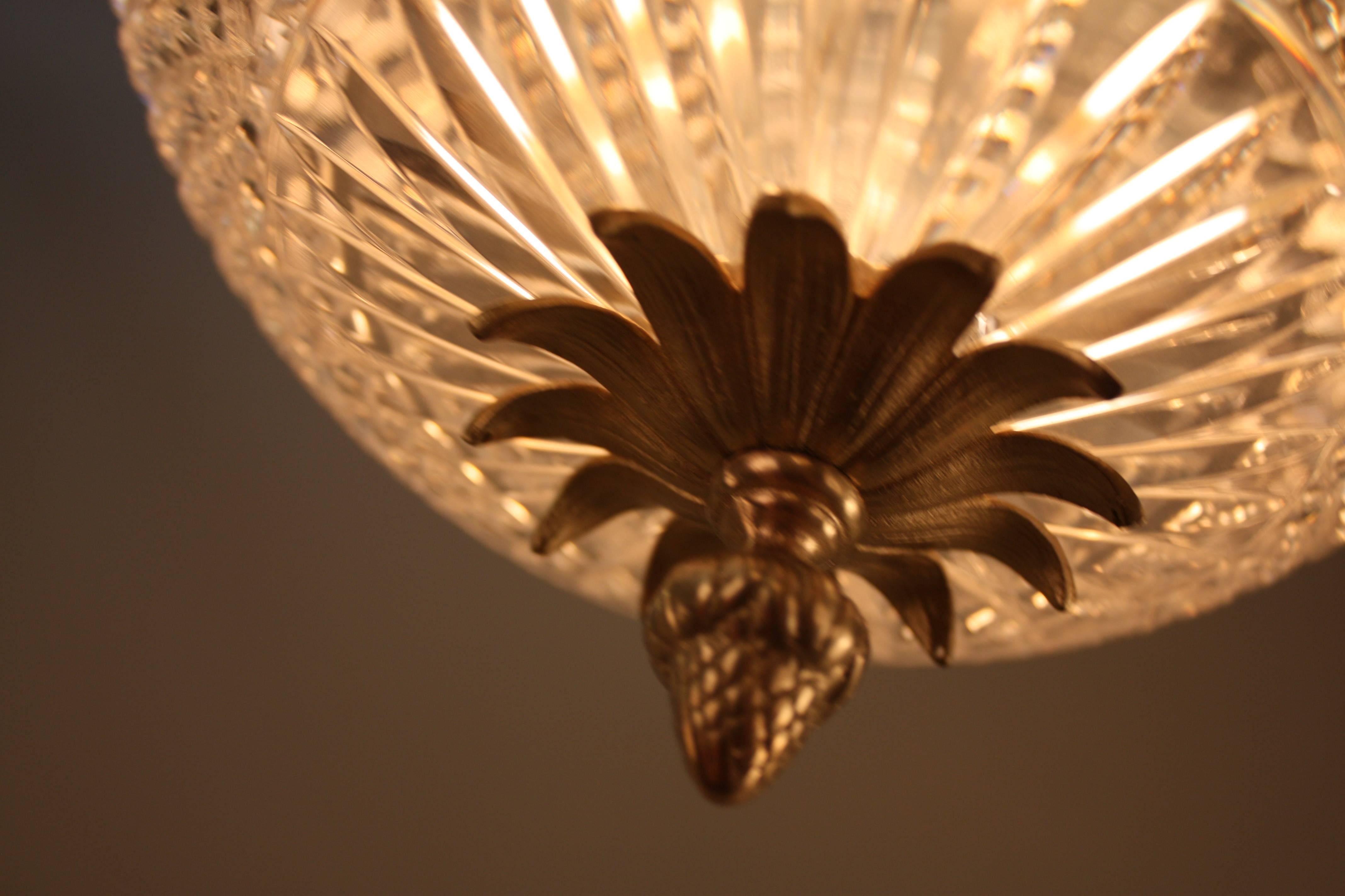 Cut Crystal and Bronze Flush Mount Light Fixture In Good Condition In Fairfax, VA