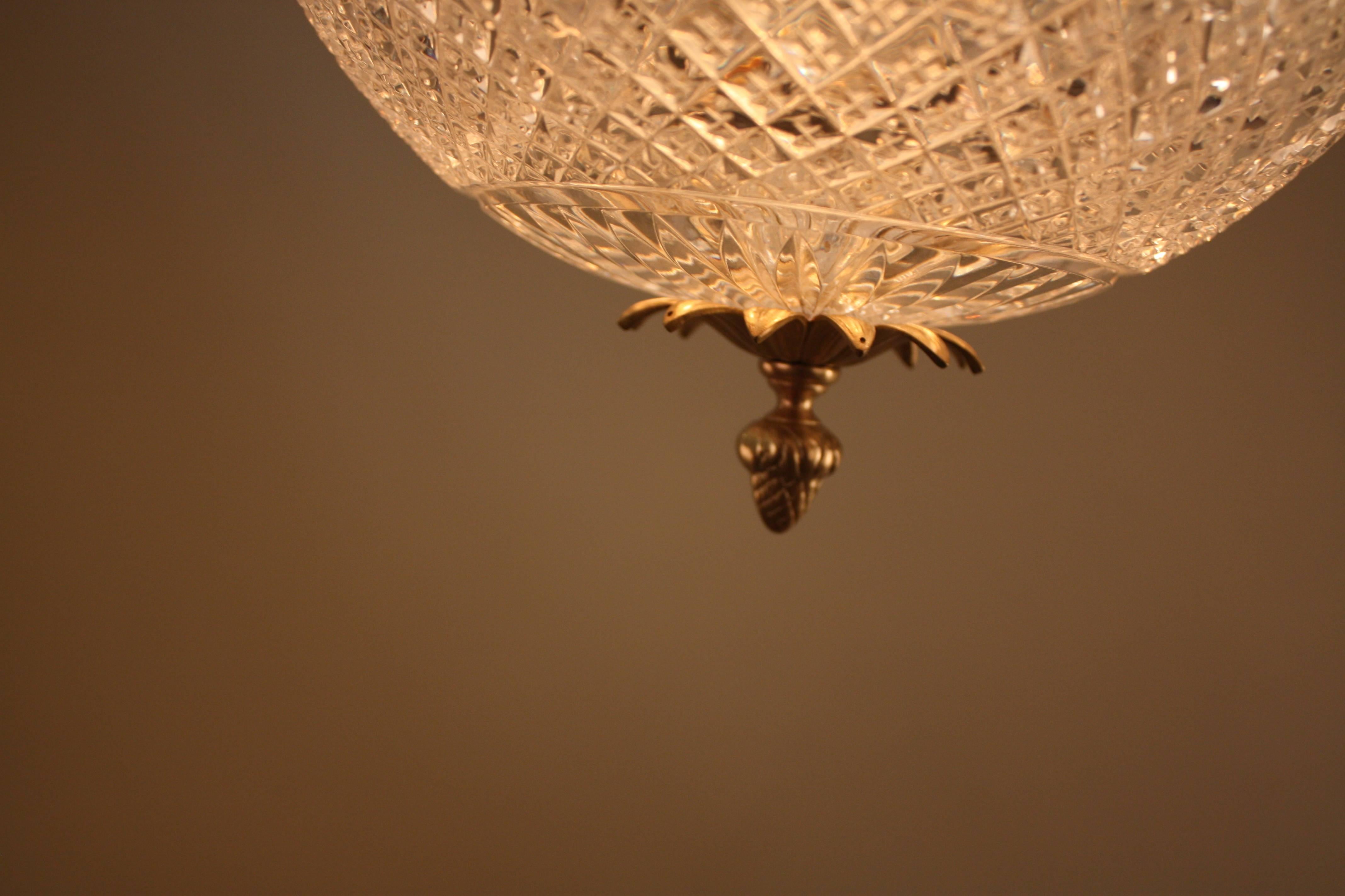 Early 20th Century Cut Crystal and Bronze Flush Mount Light Fixture