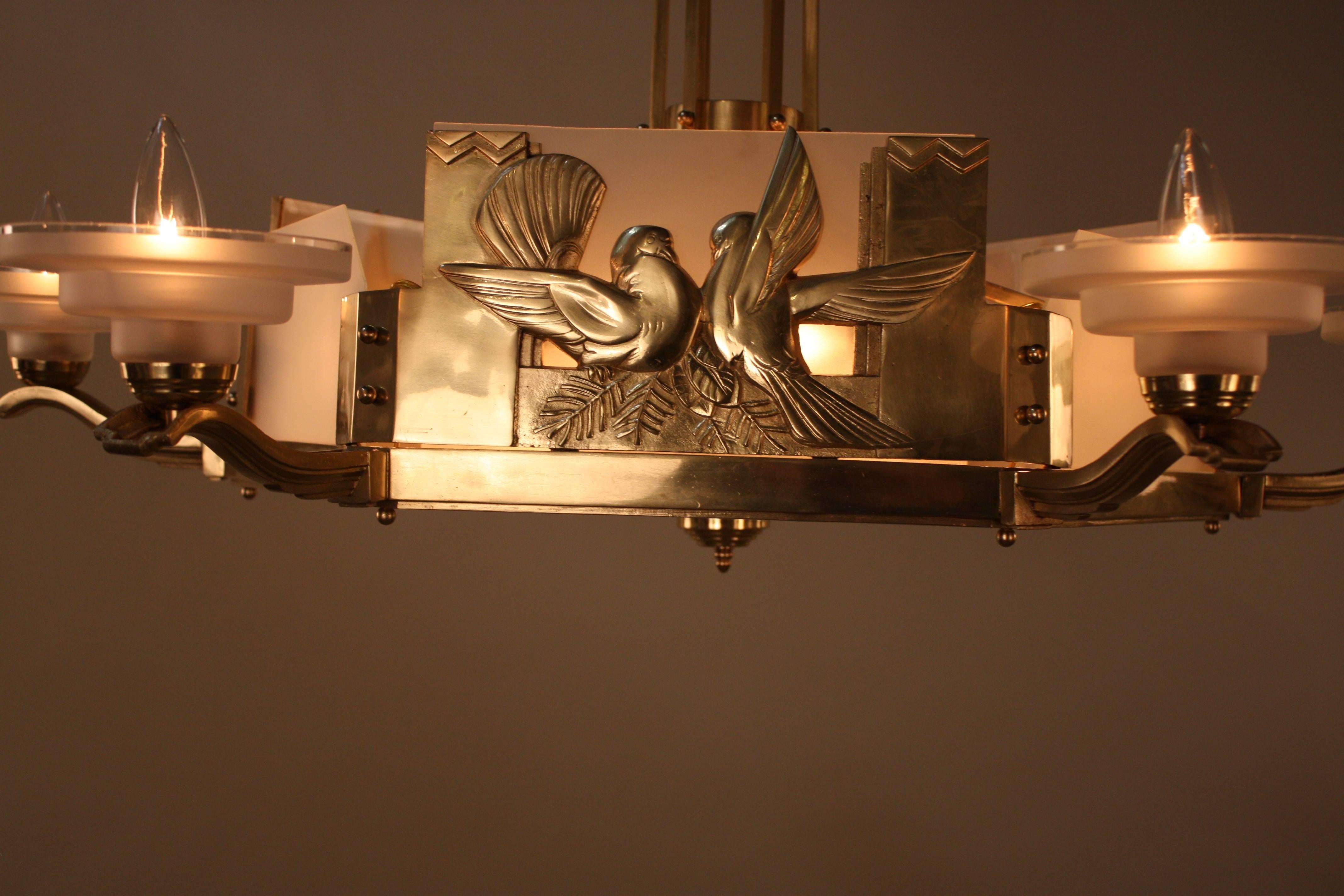 French bronze Art Deco six-arm twenty-four-light chandelier.
