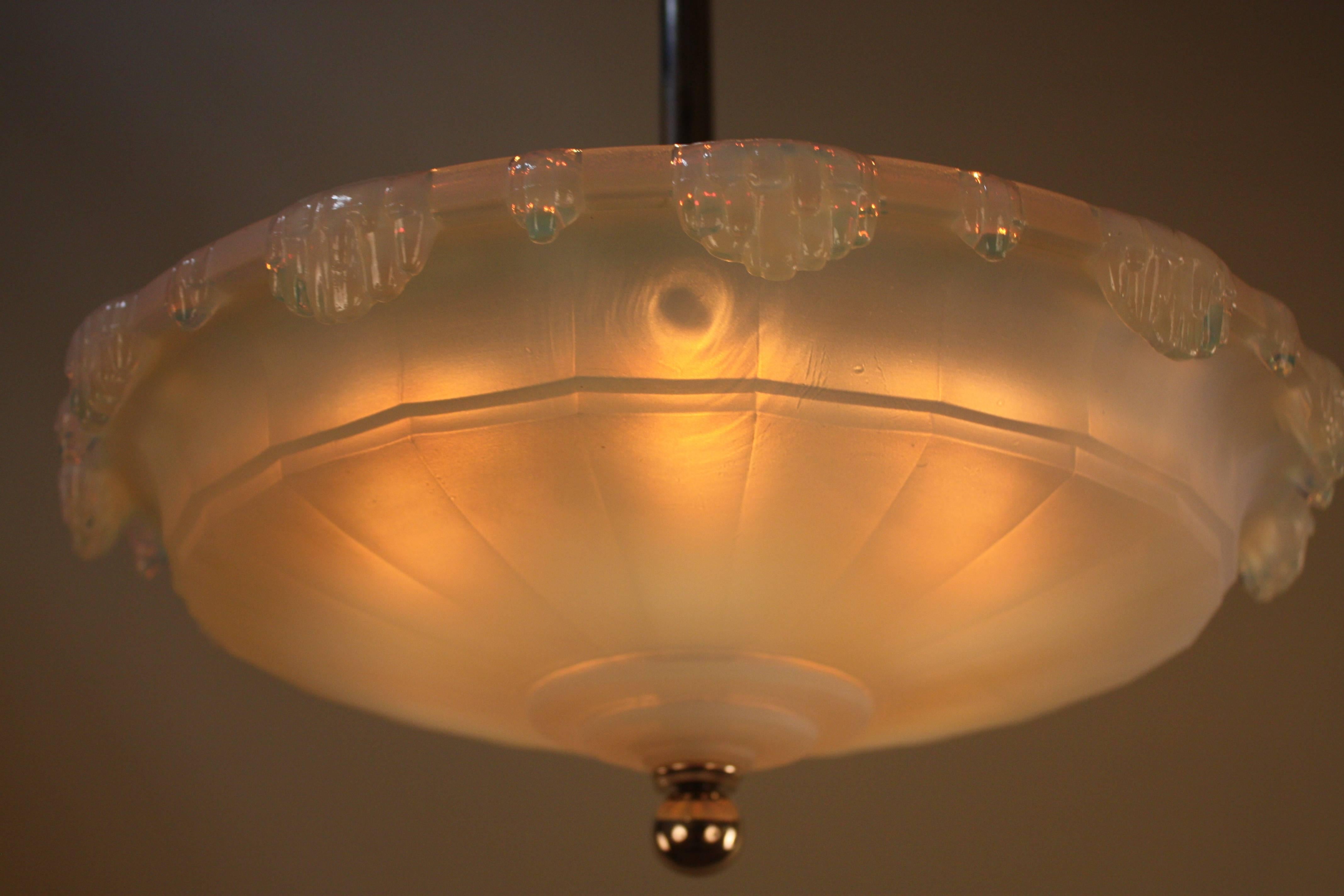 French Opalescent Glass Art Deco Semi Flush Mount Chandelier by Ezan In Good Condition In Fairfax, VA
