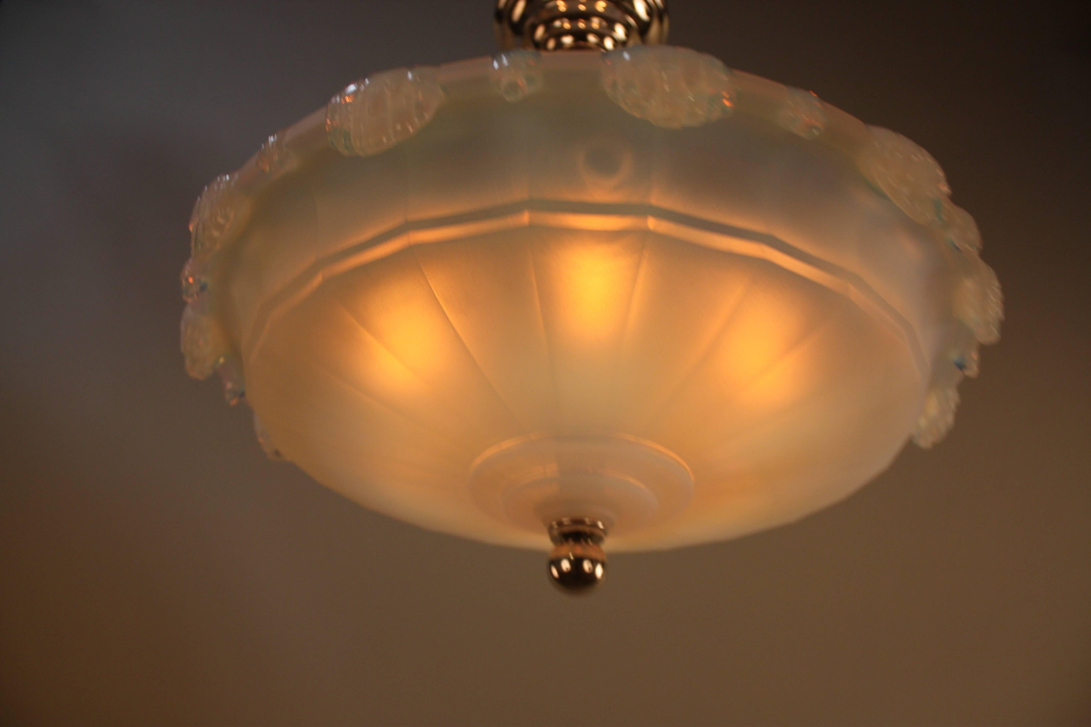 French Opalescent Glass Art Deco Semi Flush Mount Chandelier by Ezan 3