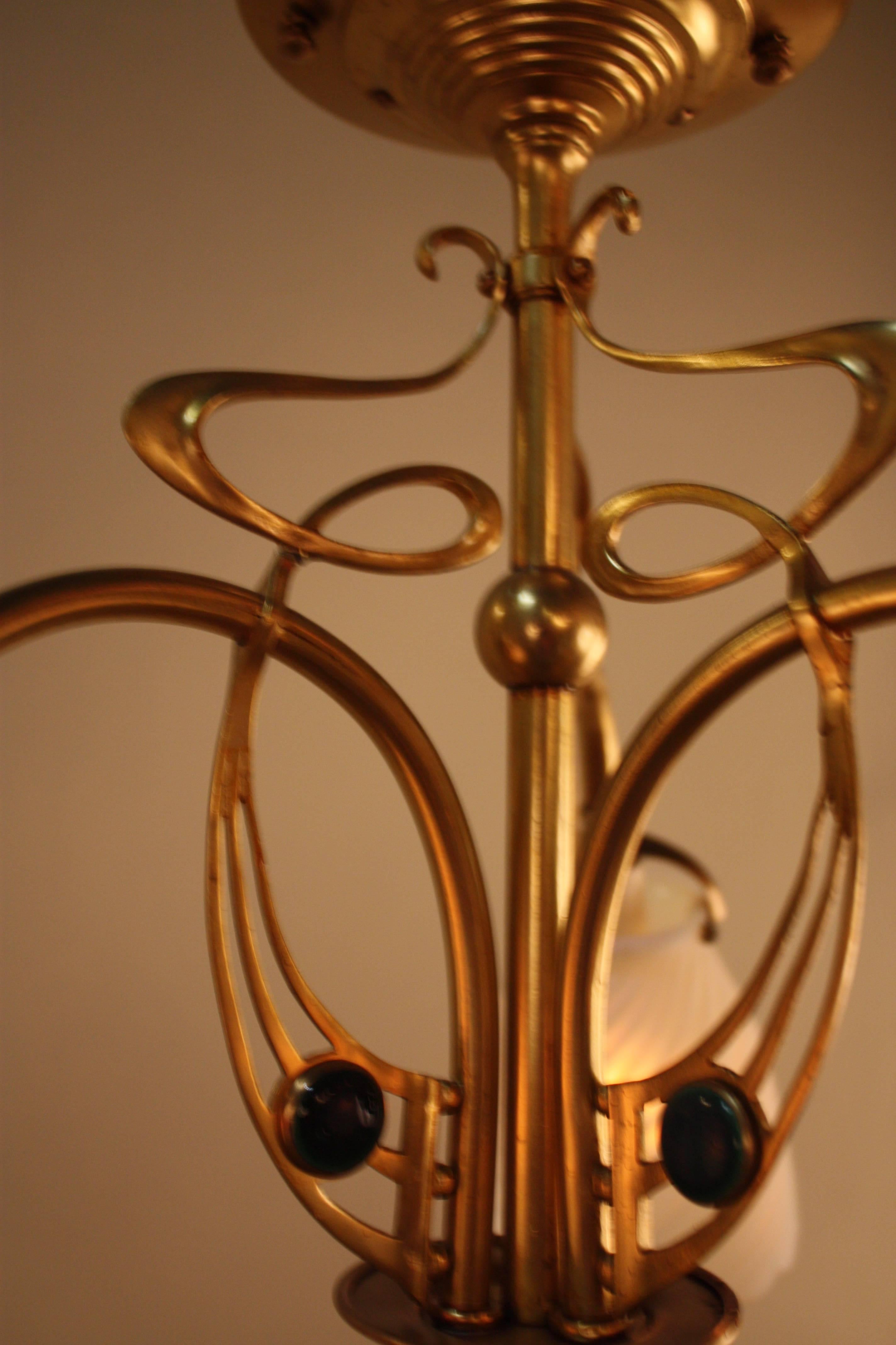 Early 20th Century English Opalescent Glass and Brass Art Nouveau Chandelier