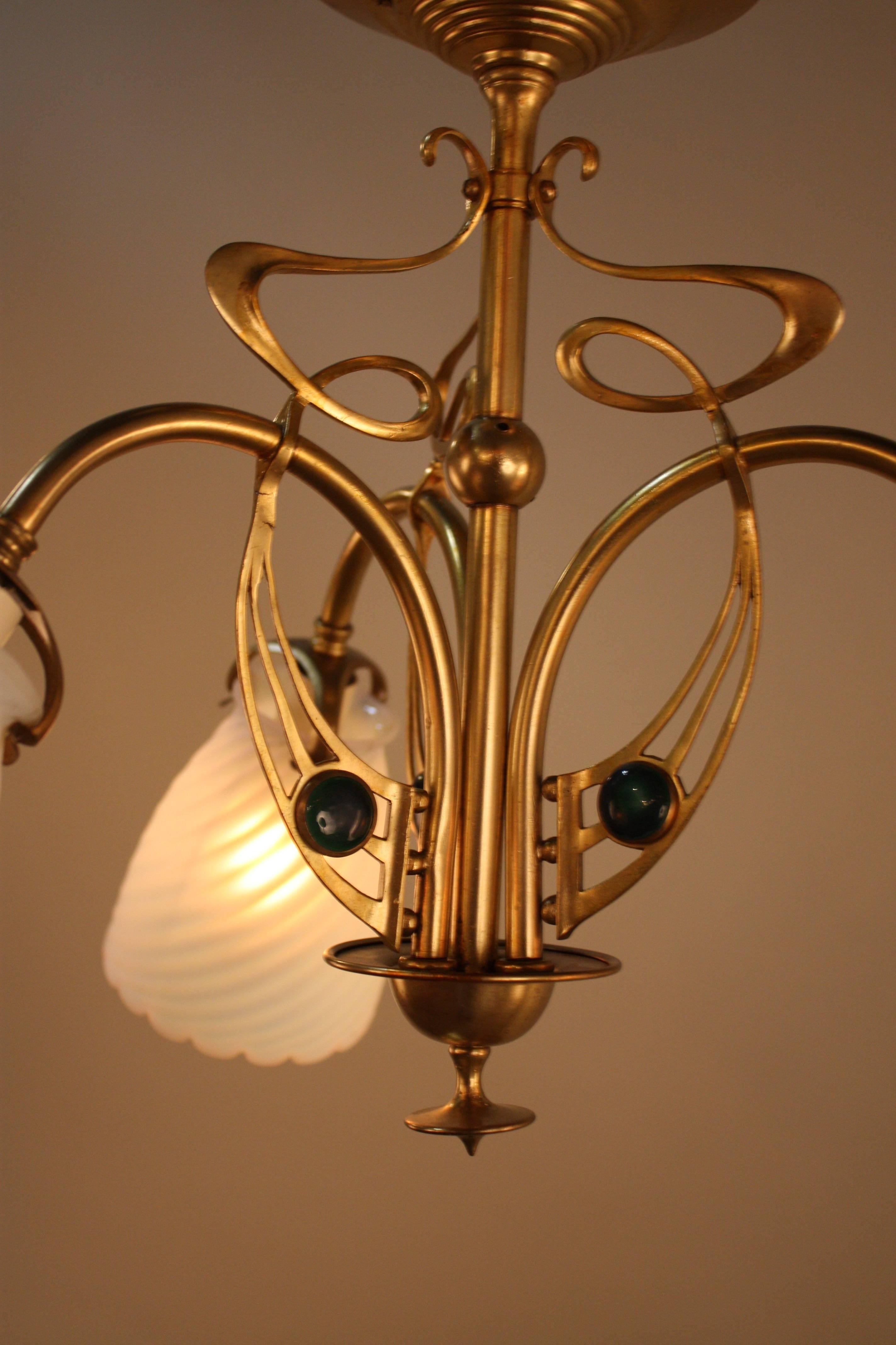 English Opalescent Glass and Brass Art Nouveau Chandelier 3