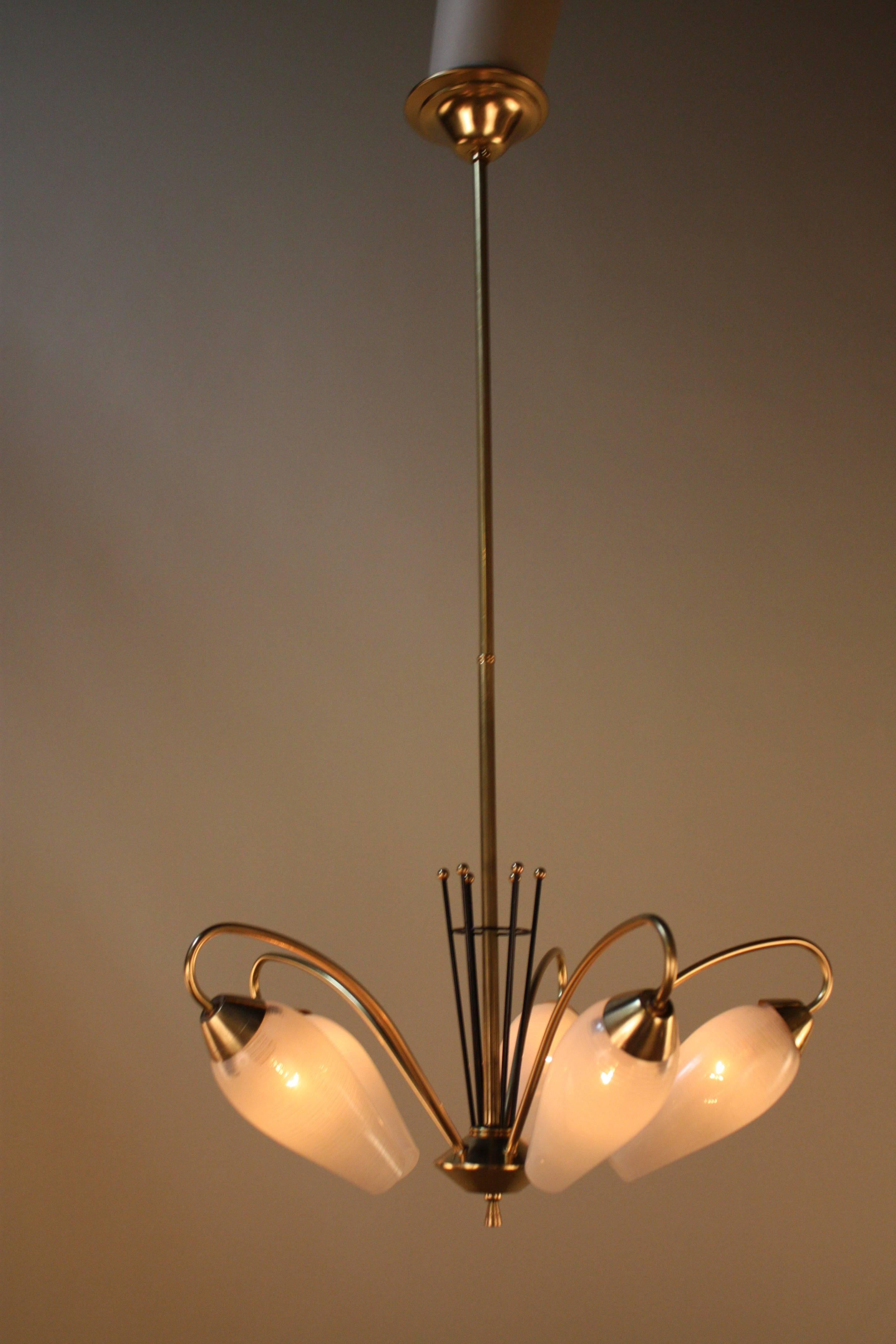 Midcentury French Five-Light Bronze and Glass Chandelier In Good Condition In Fairfax, VA