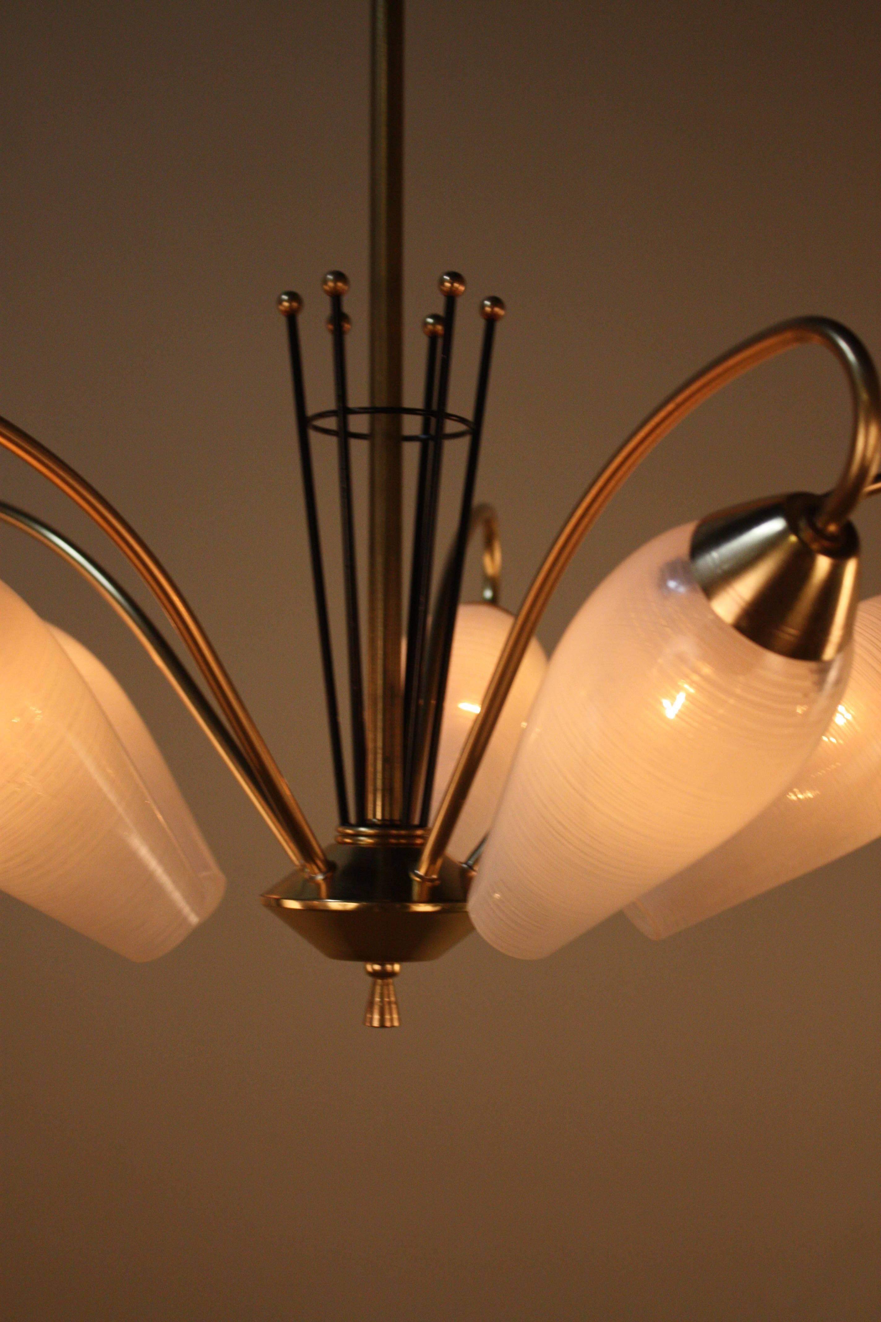 Mid-20th Century Midcentury French Five-Light Bronze and Glass Chandelier