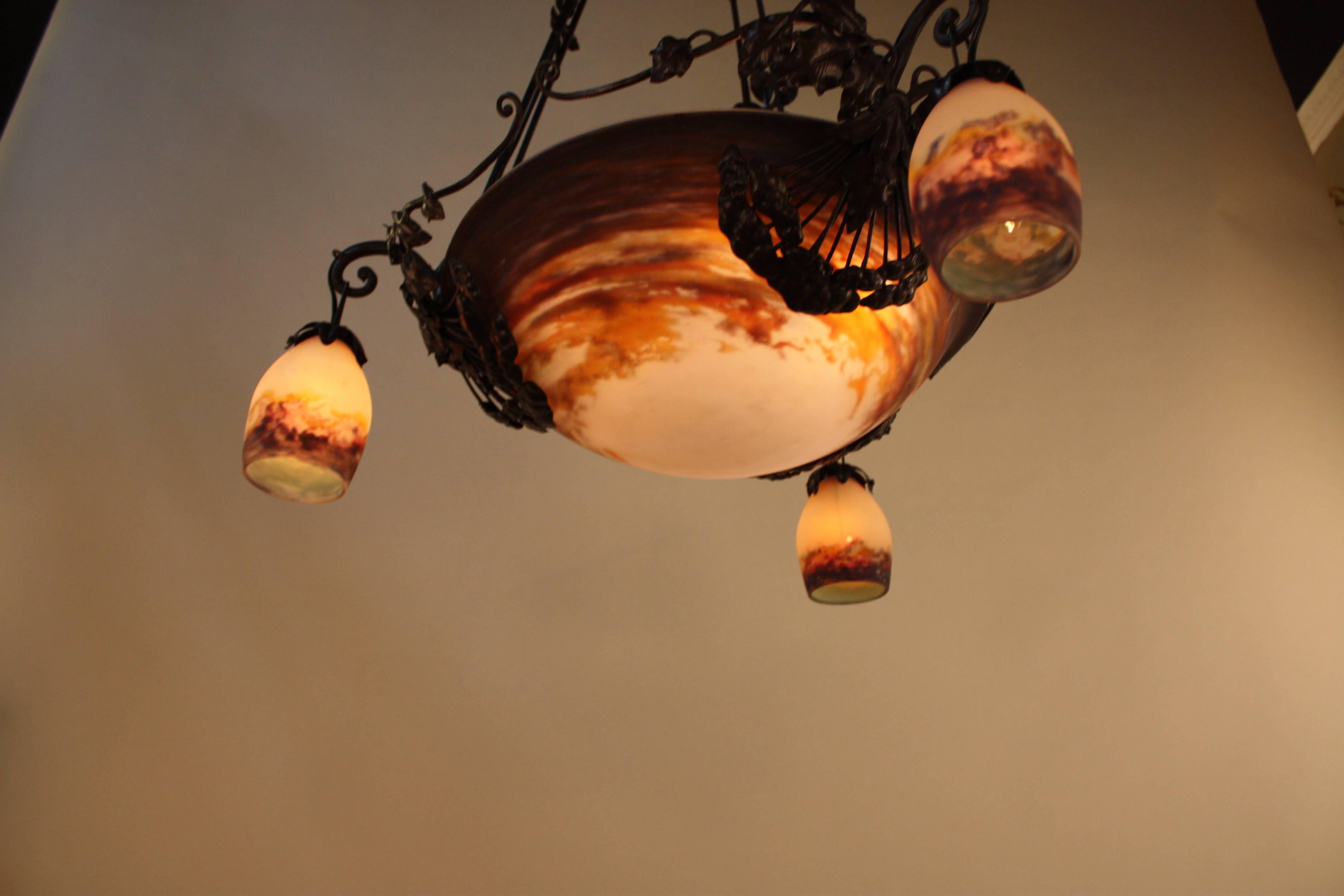 Blown Glass French Art Nouveau Wrought Iron and Art Glass Chandelier by Muller Freres