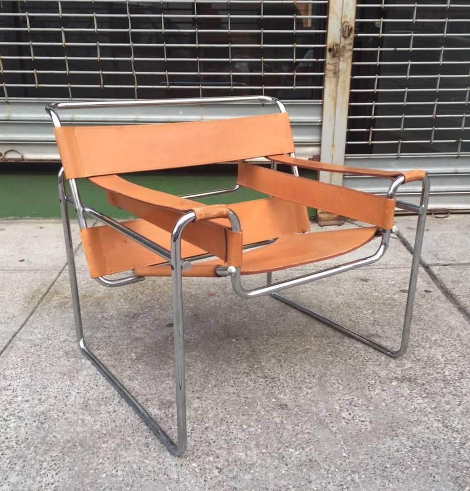 Pair of Marcel Breuer Wassily chairs for Knoll. Leather straps and tubular frame. 

