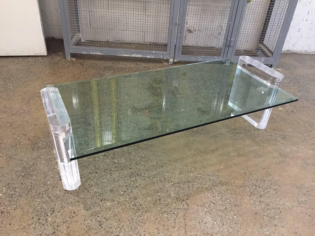 Lucite coffee table style of Karl Springer with beveled glass.