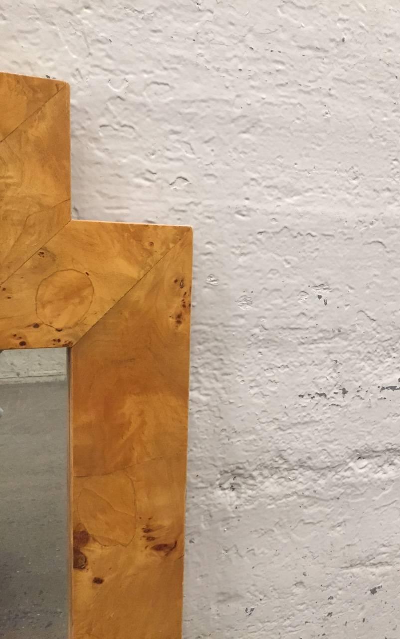 Geometric Italian burl, olivewood framed mirror. Style of  Milo Baughman. 
