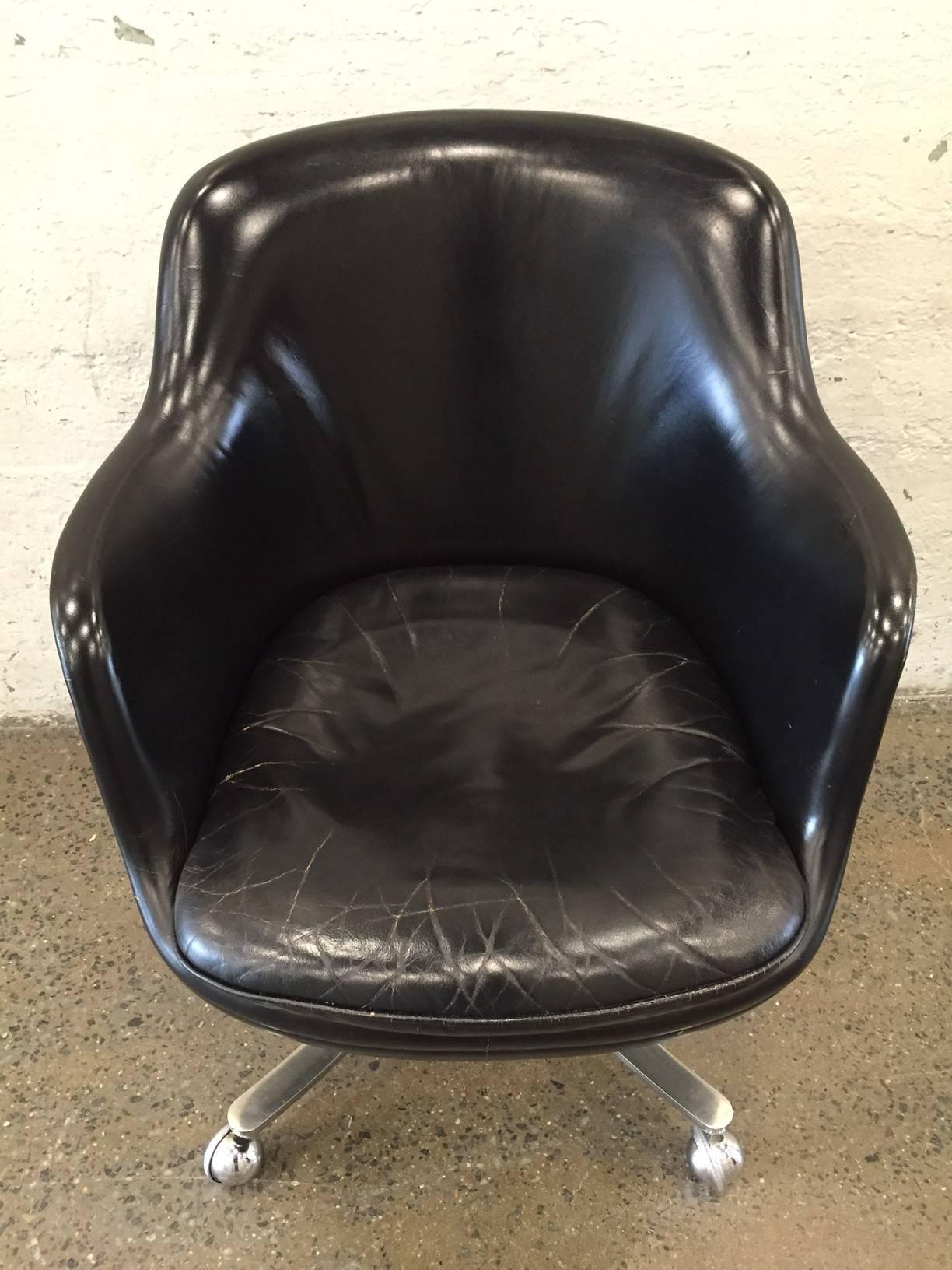 Mid-Century Modern Nicos Zographos Black Leather Bucket Chair