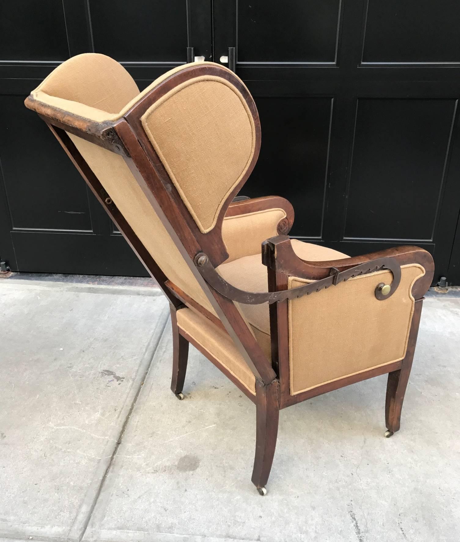 German Antique Biedermeier Reclining Wingback Chair