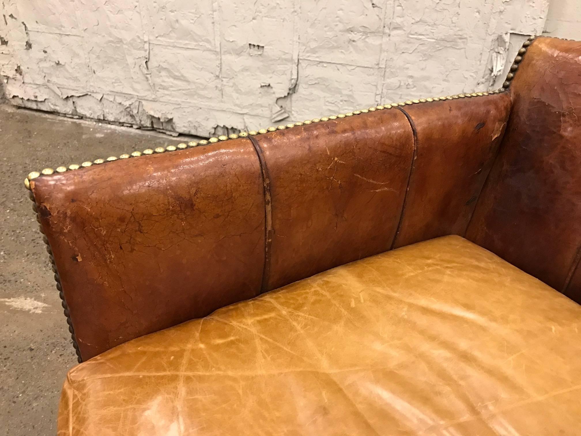 Brass Pair of French Art Deco Leather Club Chairs