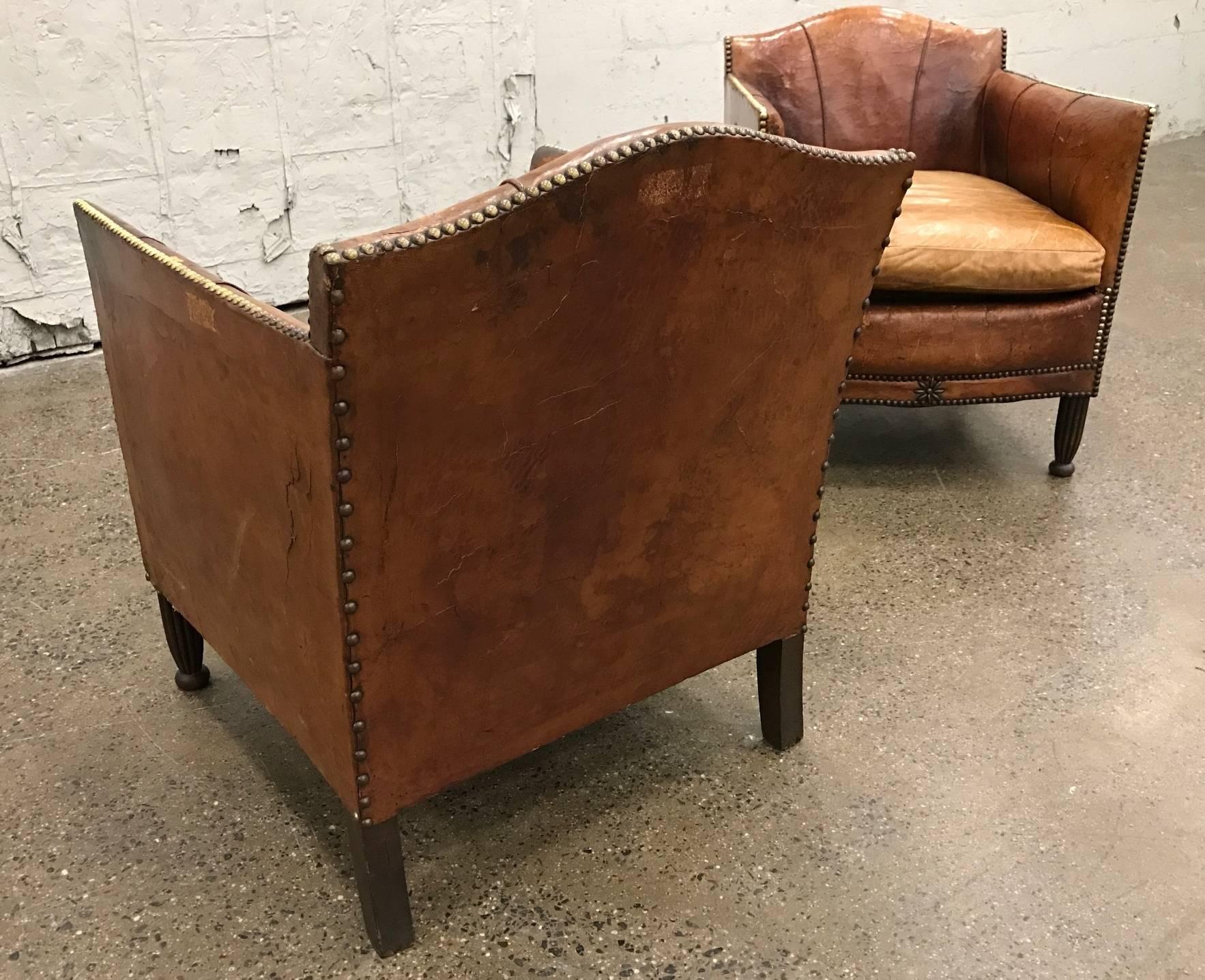 Mid-20th Century Pair of French Art Deco Leather Club Chairs