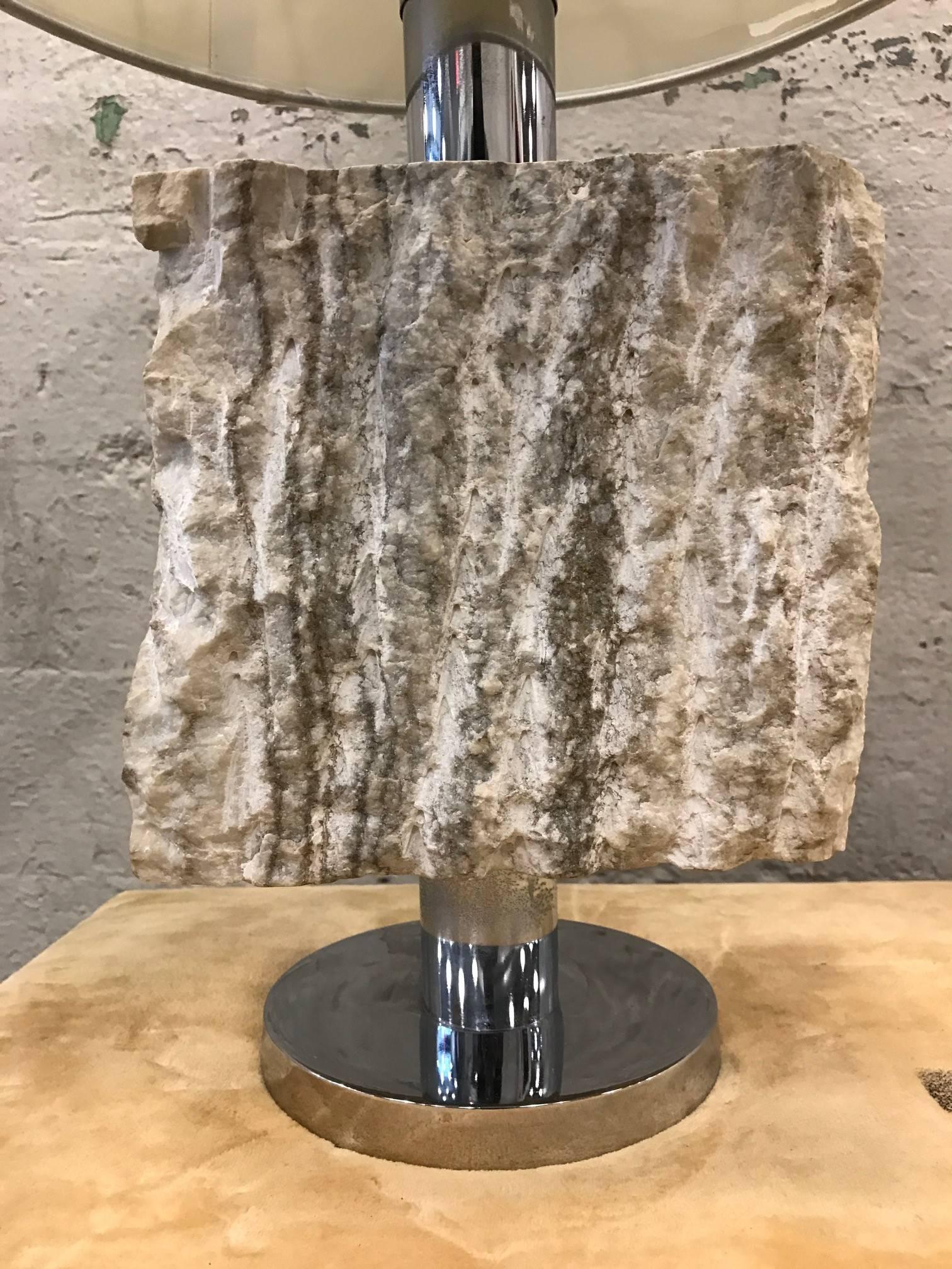 Organic solid marble lamp with chrome top and base. 
Shade not included.
Measures: 26 H (to top of finial) 14.5 (under socket) base: 6 in diameter. 