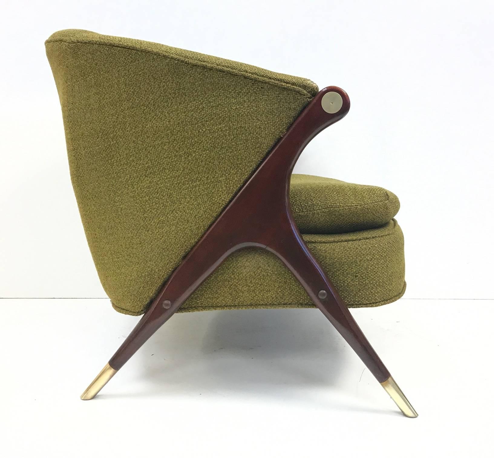 Pair, Karpen of California Mid-Century Modern lounge chairs. Chairs have solid walnut frames with brass sabots. 