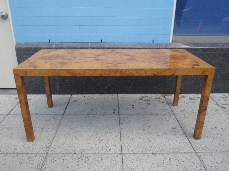 Very nice Milo Baughman console table. Would also look amazing as a hallway table. Nice burl grain.