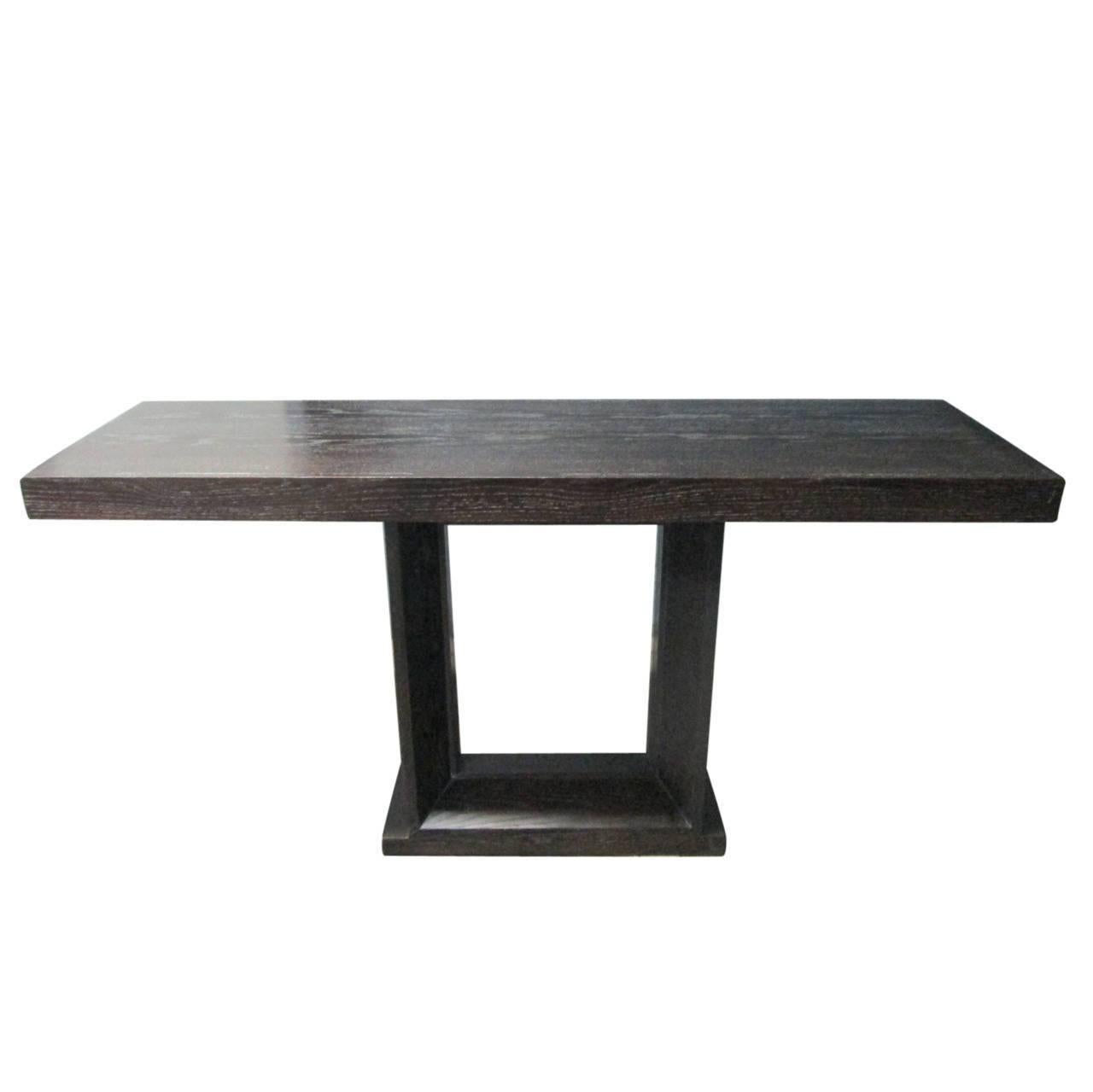 Cerused oak console table with a painted finish. Nice open square base. 