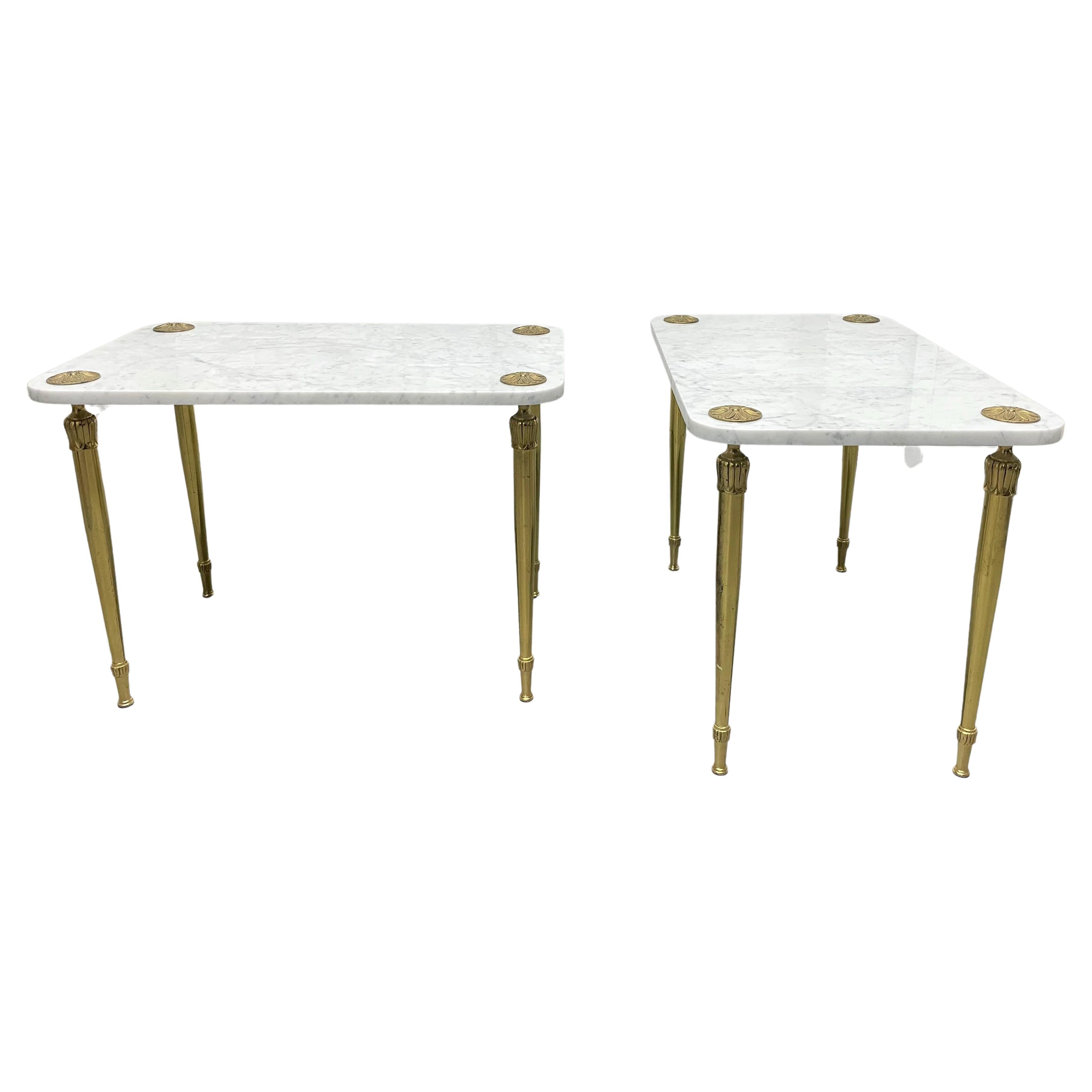 Pair of Italian Carrara Marble and Brass Side Tables For Sale