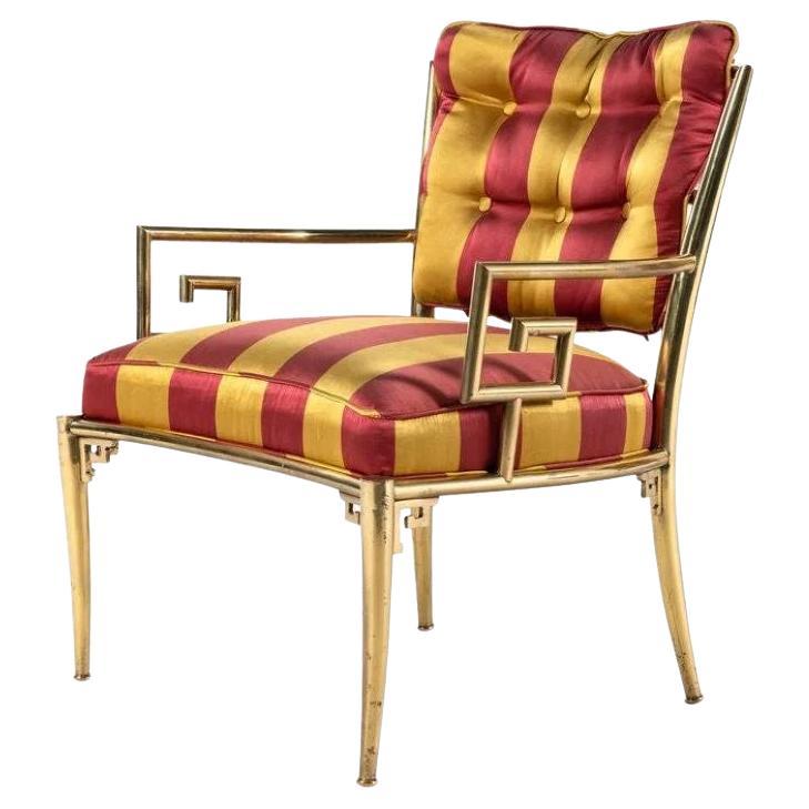 Brass and Silk Greek Key Armchairs by Mastercraft Set of Four For Sale