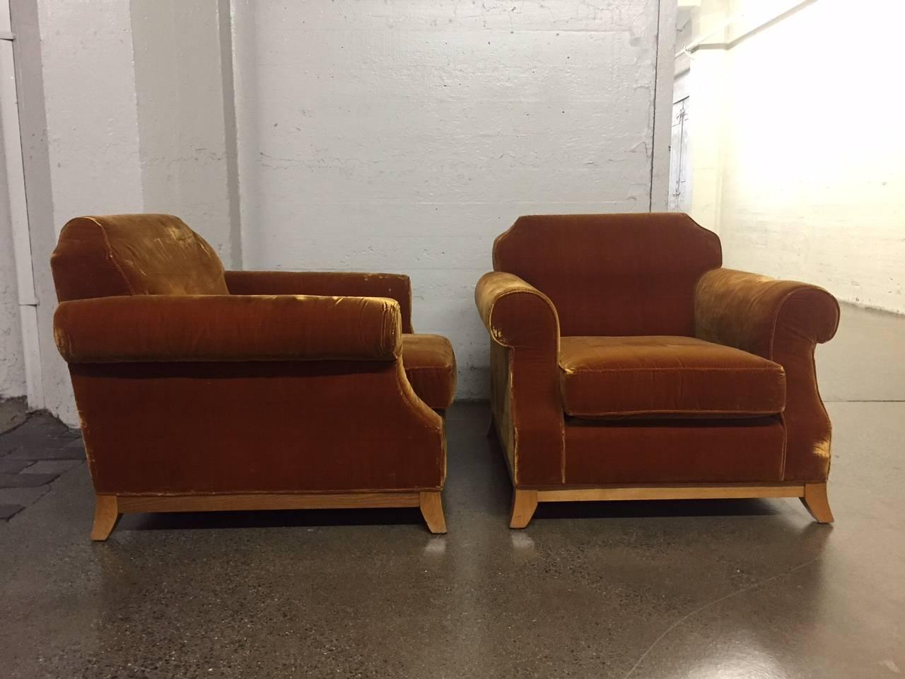 Modern Pair of English Distressed Velvet Lounge Chairs