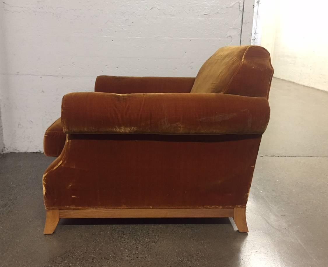Pair of English Distressed Velvet Lounge Chairs In Good Condition In New York, NY