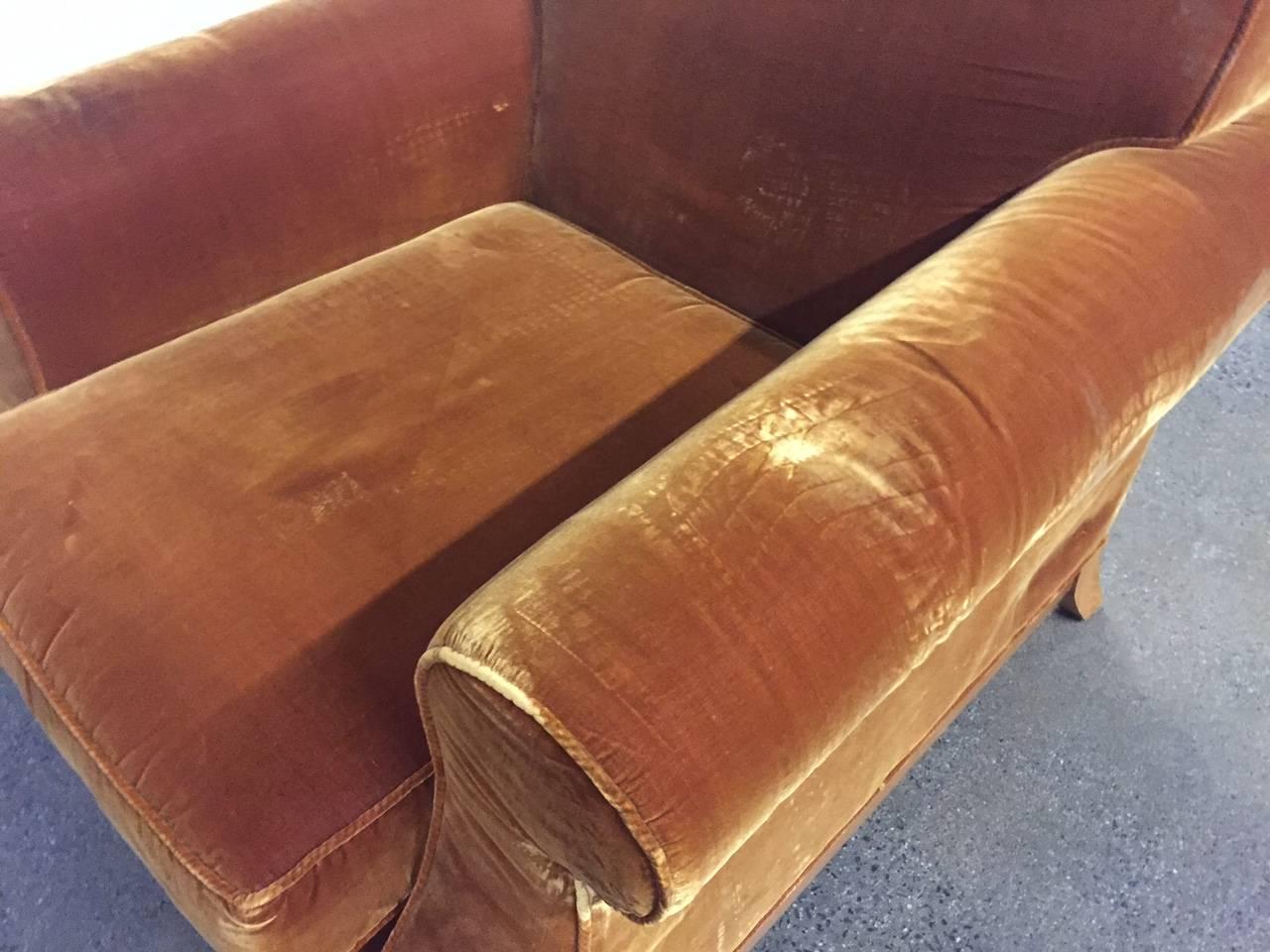 Late 20th Century Pair of English Distressed Velvet Lounge Chairs