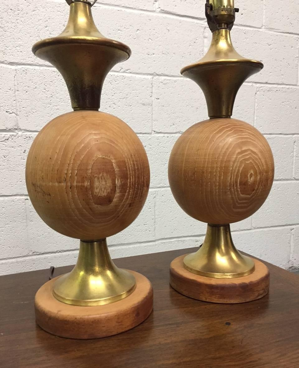 Mid-Century Modern Pair of James Mont Style Cerused Oak Round Ball Lamps 