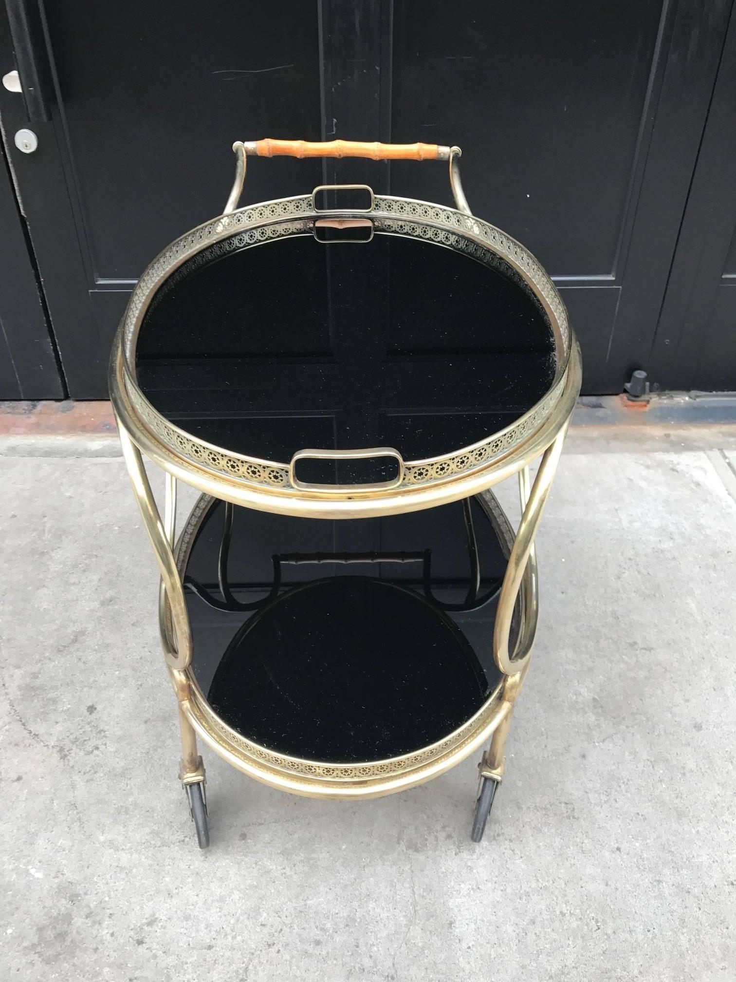 Mid-20th Century Italian, Brass and Bamboo Two-Tier Bar Cart