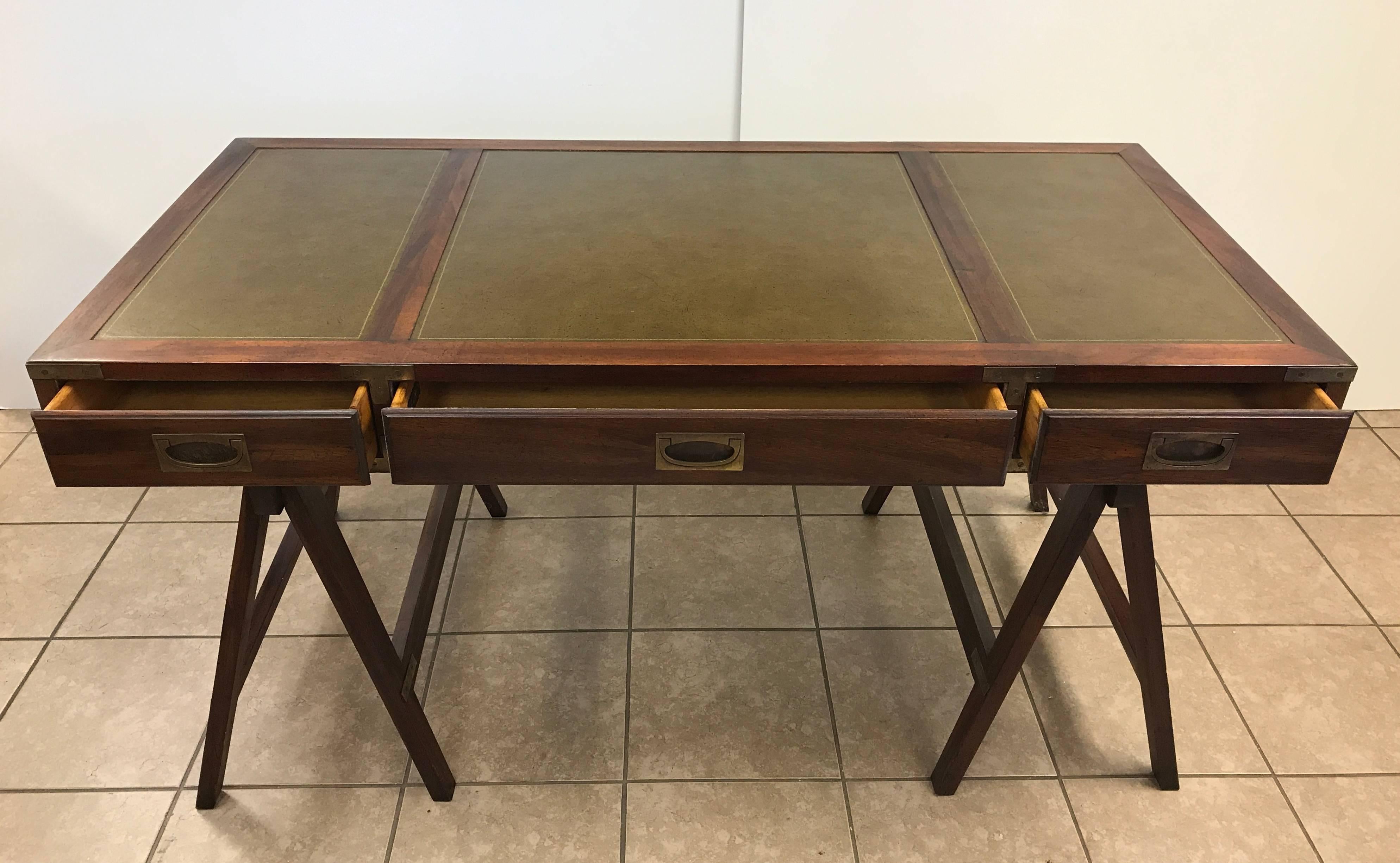 Brass Rosewood Campaign Desk with Leather Top